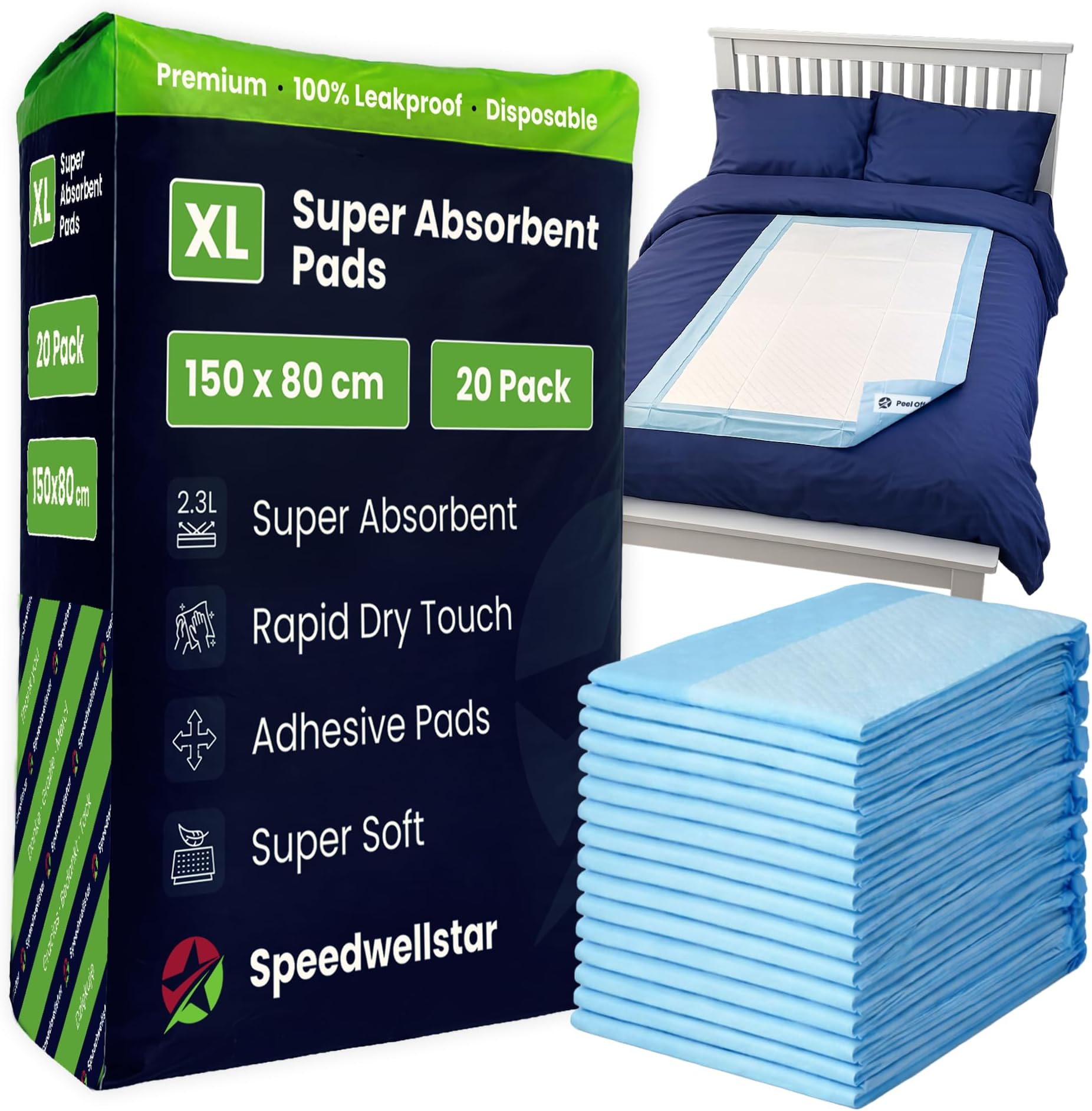 Speedwellstar Extra Large Disposable Incontinence Mattress Protector 150 x 80 cm 2300 ml - Pack of 20 Waterproof Absorbent Protectors for Bed and Mattress