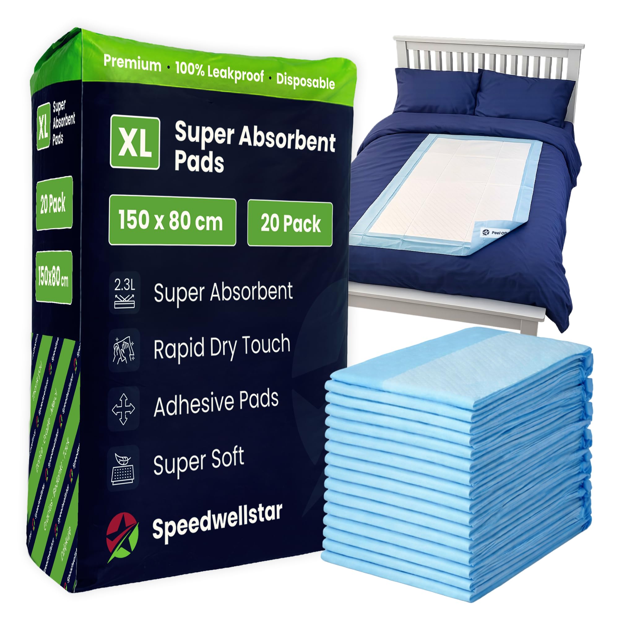 Speedwellstar White Incontinence Bed Pads Disposable Extra Large 150X80cm | 20 Pack | Super Absorbent 2300Ml Leakproof Waterproof Protector For Single Or Double Bed | Non-Slip | By