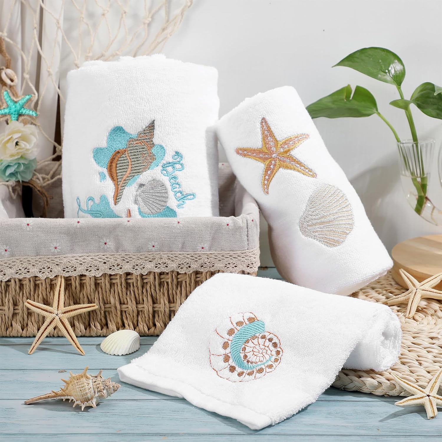 Peryiter 3 Pcs Beach Hand Towels for Bathroom Cotton Embroidered 1 Bath Towel 1 Hand Towel and 1 Wash Cloth Absorbent Bath Sheets for Bathroom Decor(White,Shells)