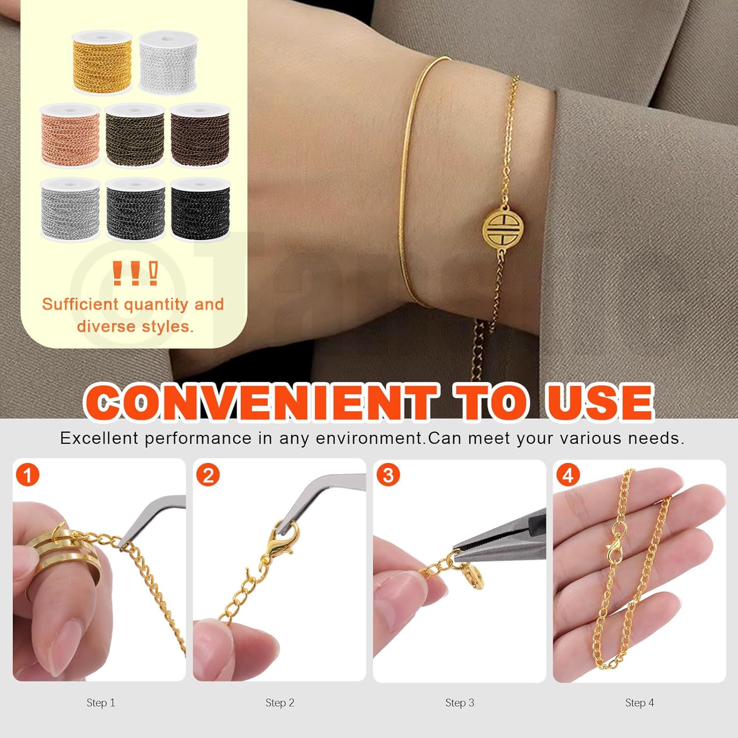 Tanstic 102Pcs 30 Feet Jewelry Making Chains Necklace Chains Bulk Cable Link Chain with 50Pcs Jump Rings, 50Pcs Lobster Clasps, Pliers for Bracelet Necklace Making(Black) - Image 6