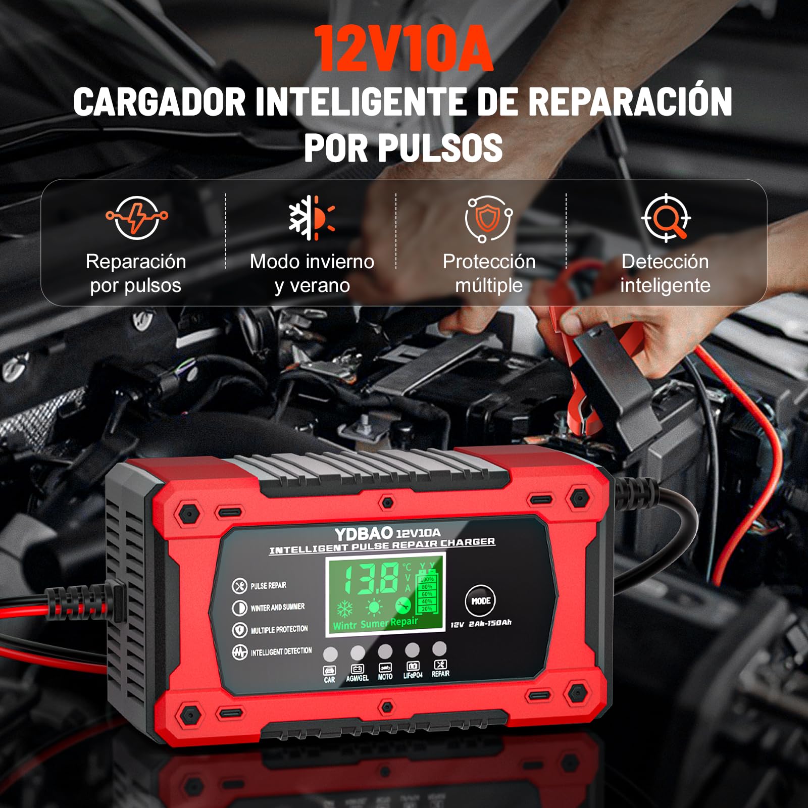 YDBAO Cargador de Batería de Coche 12V 10A Cargador Baterias Coche y Moto Inteligente con Reparación y Múltiples Protecciones y Pantalla LCD Cargador bateria para Auto,Moto, Camión, AGM, Gel,SLA