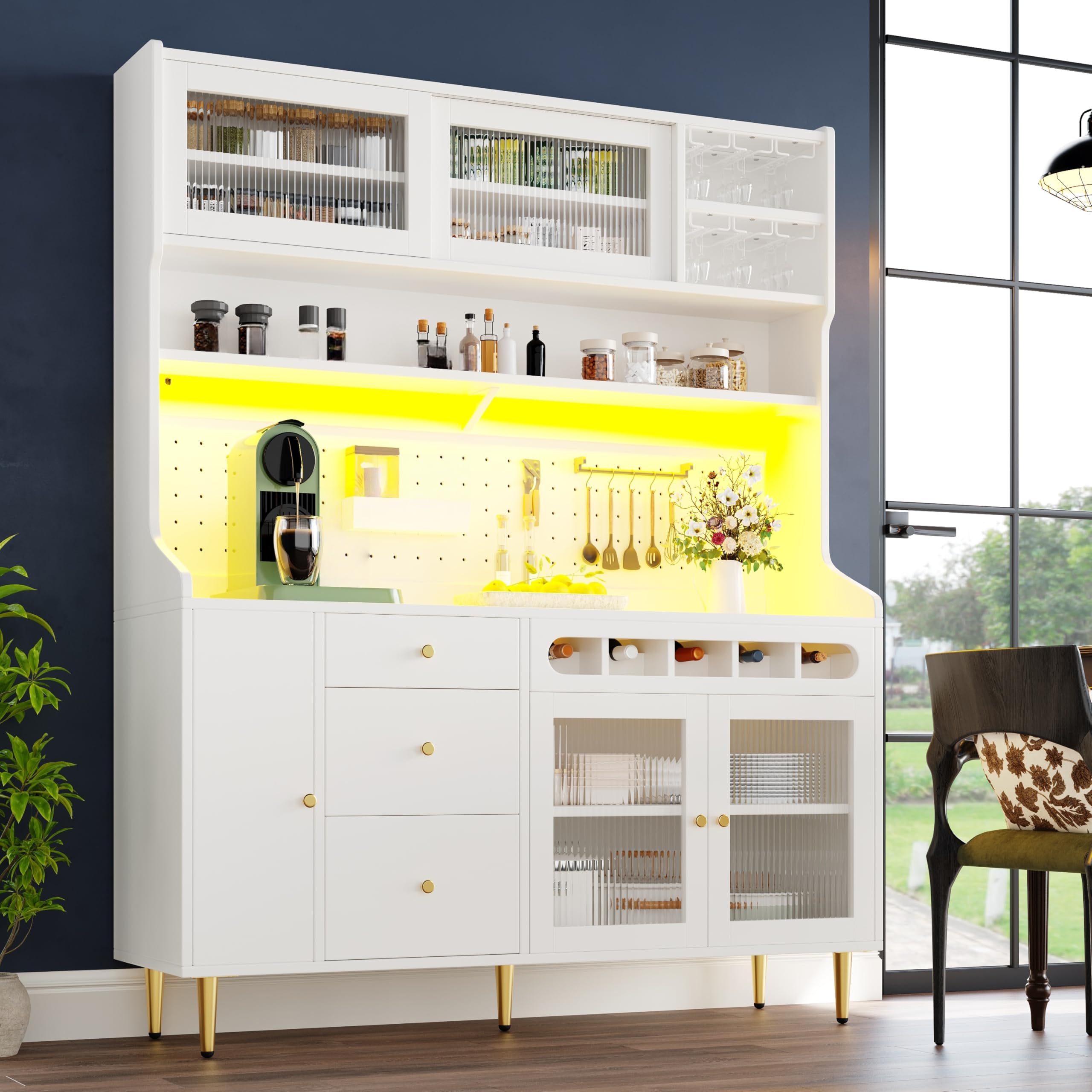 Alacena de Cocina Armario Alto Cocina con Iluminación LED y USB, Mueble Auxiliar de Comedor con Botellero y Cajones, Aparadores Salon, Buffet Comoda, 145x39x171 cm, Blanco