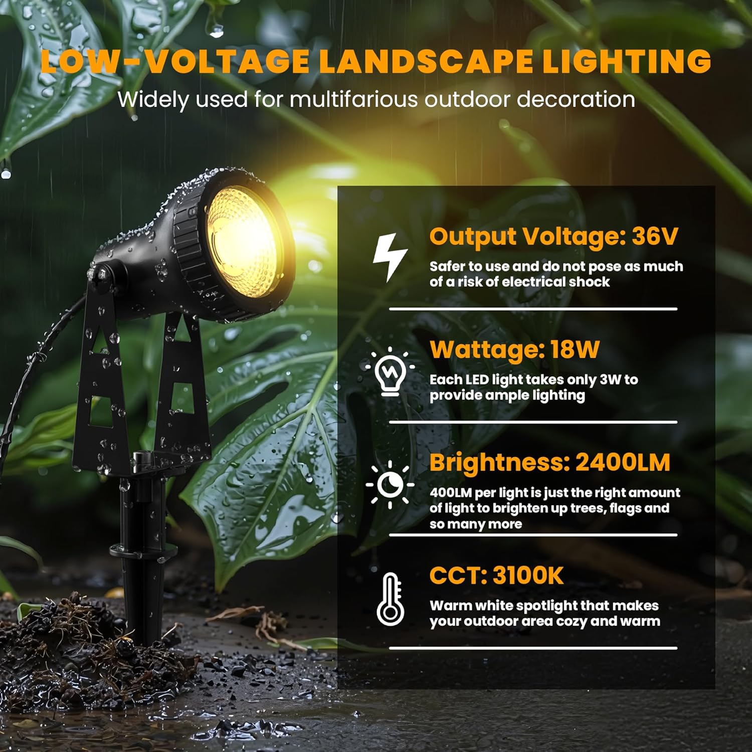 Outdoor Landscape Lighting, 6-Pack Outdoor Spot Lights with Transformer, Plug in LED Spot Lights for Garden, Yard, Backyard, Plants, Lawn, Trees, House, Flags, IP65 Waterproof – Warm White