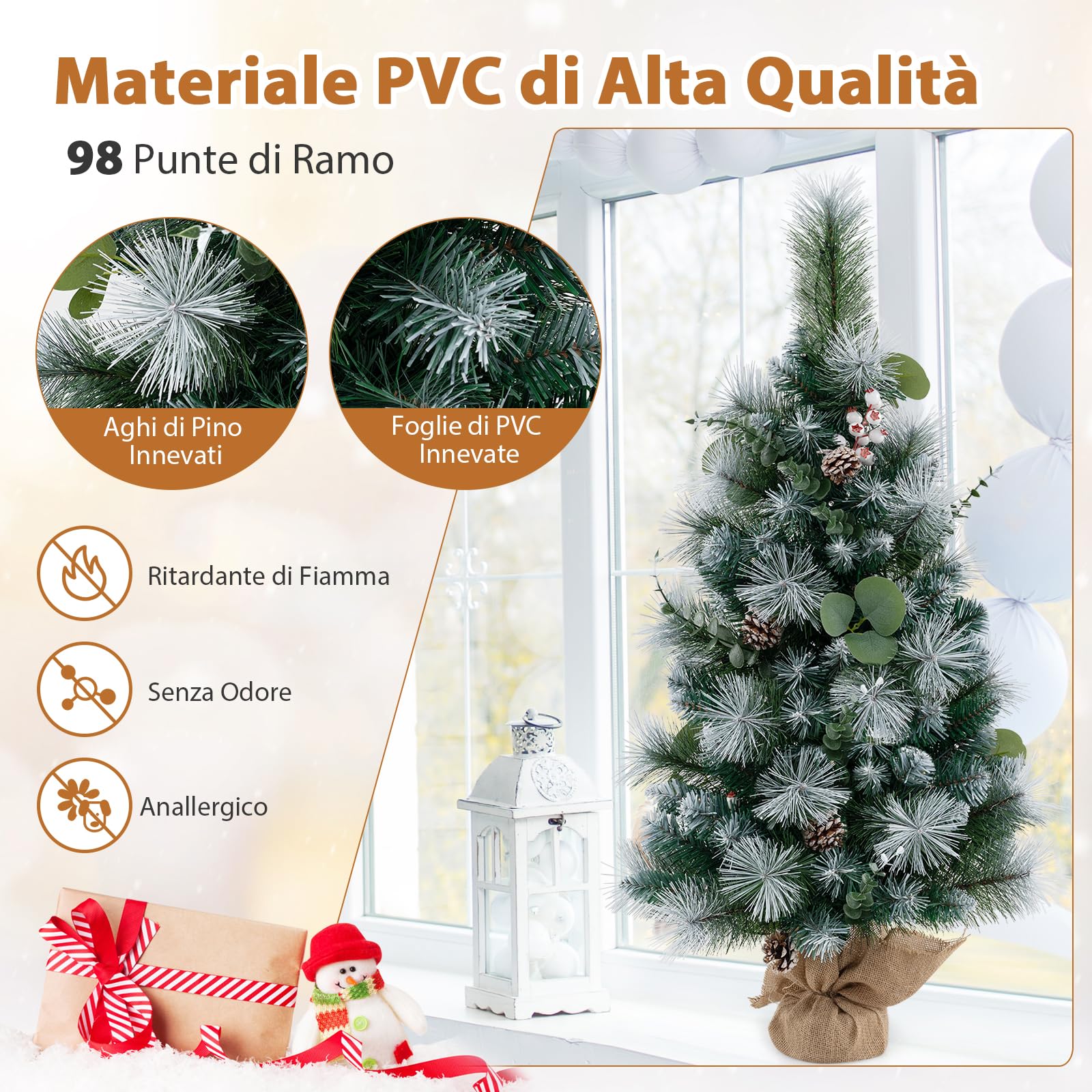 RELAX4LIFE Albero di Natale Innevato 90CM, Albero da Tavolo con 30 Luci LED Bianche Calde e 98 Foglie in PVC e Pino, Bacche e Pigne, 8 Modalità, Timer, Decorazione Natalizia per Casa e Negozio