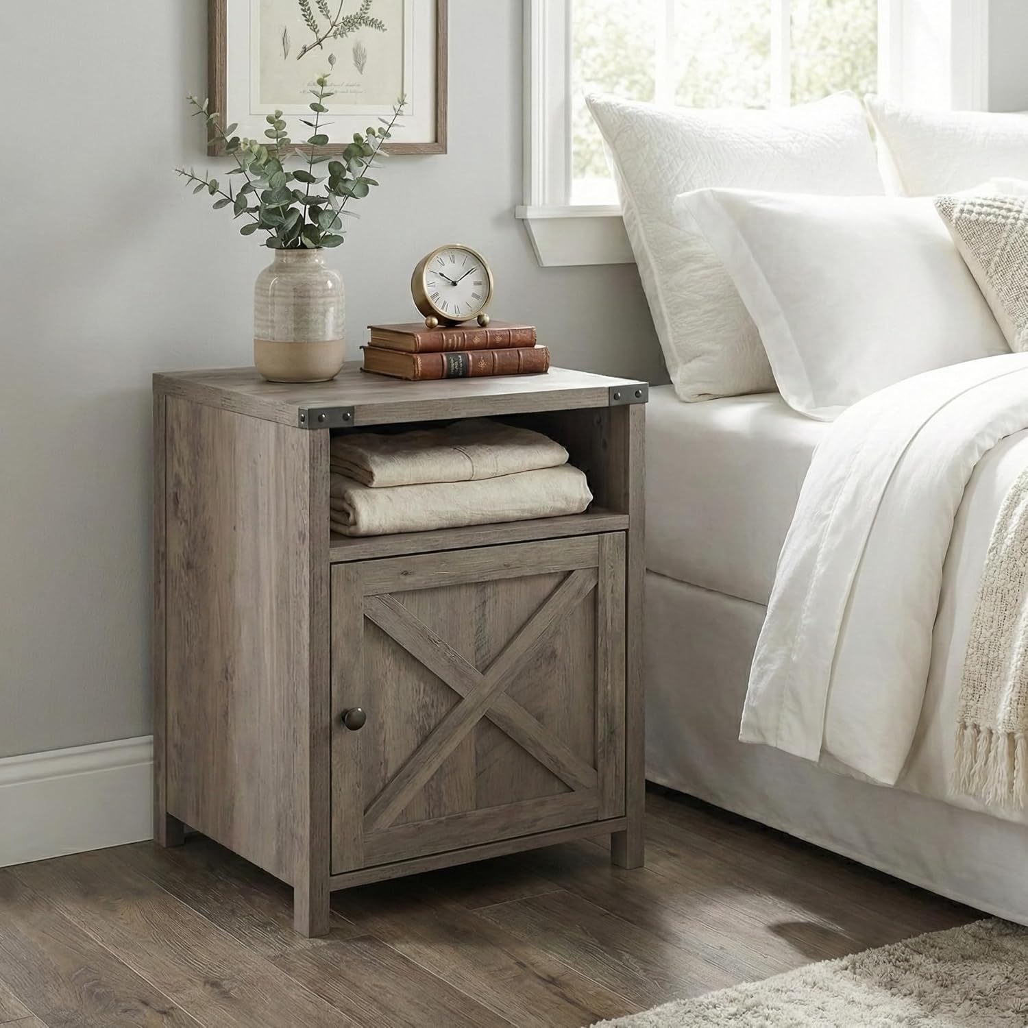 Rainbow Sophia Nightstand, Farmhouse Bedside Table with Cabinet and Shelves, 18 x 18 x 24 Inches, Washed Oak