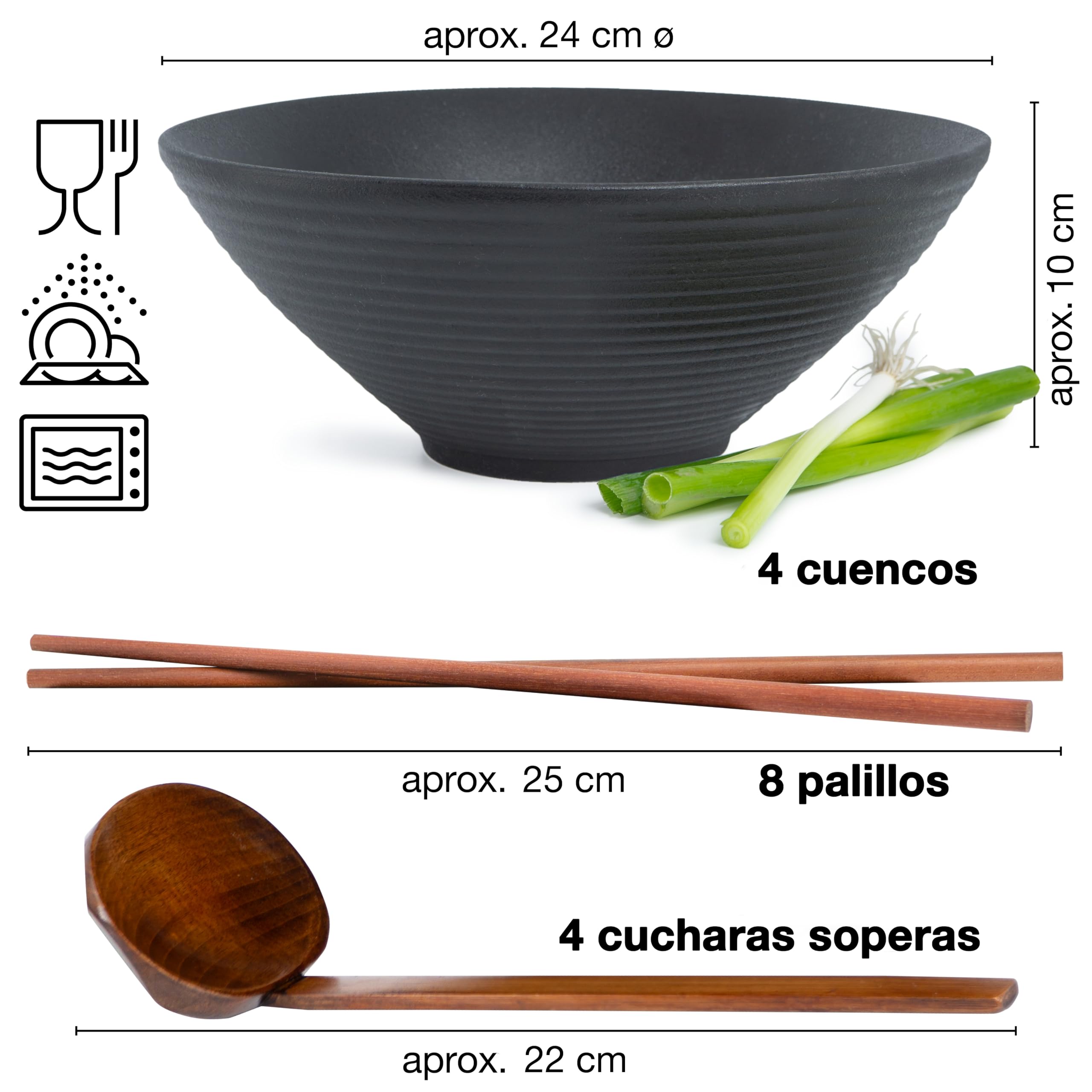 Moritz & Moritz 4 x Cuenco Ramen Japones - 24 cm Ø - Juego Vajilla Japonesa de Cerámica y Madera de Sándalo Para Sopa, Pho y Poke Bowl