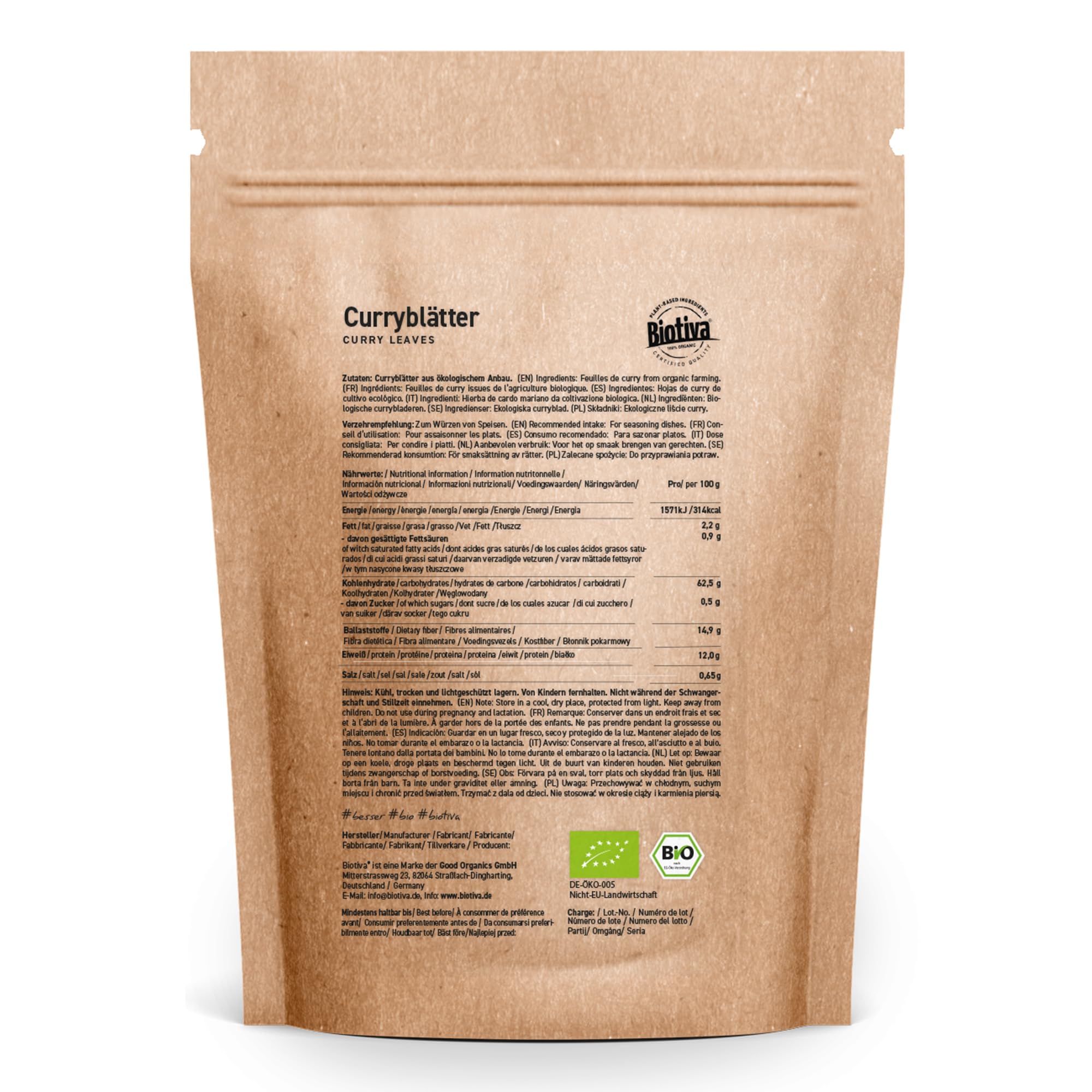 feuilles de curry bio 100g - pour assaisonner les plats - contrôlé et certifié en Allemagne - Biotiva