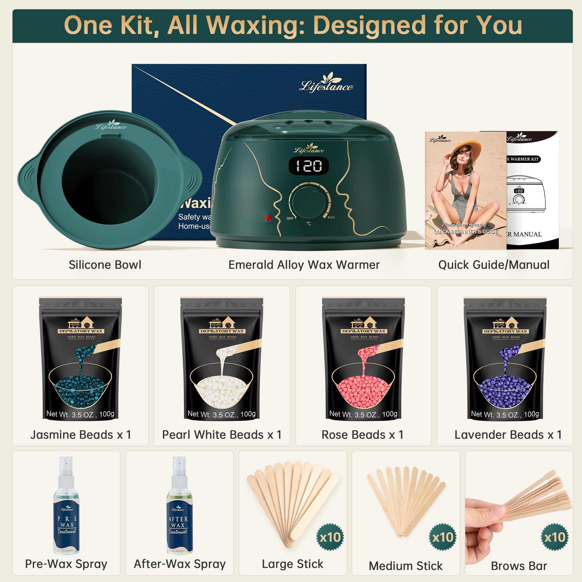 Lifestance L3 Chauffe Cire Epilation, Kit de cire d'épilation Emerald Alloy numérique Inclure 400g Perles et un bol en silicone, pour Corps de bikini brésilien visage