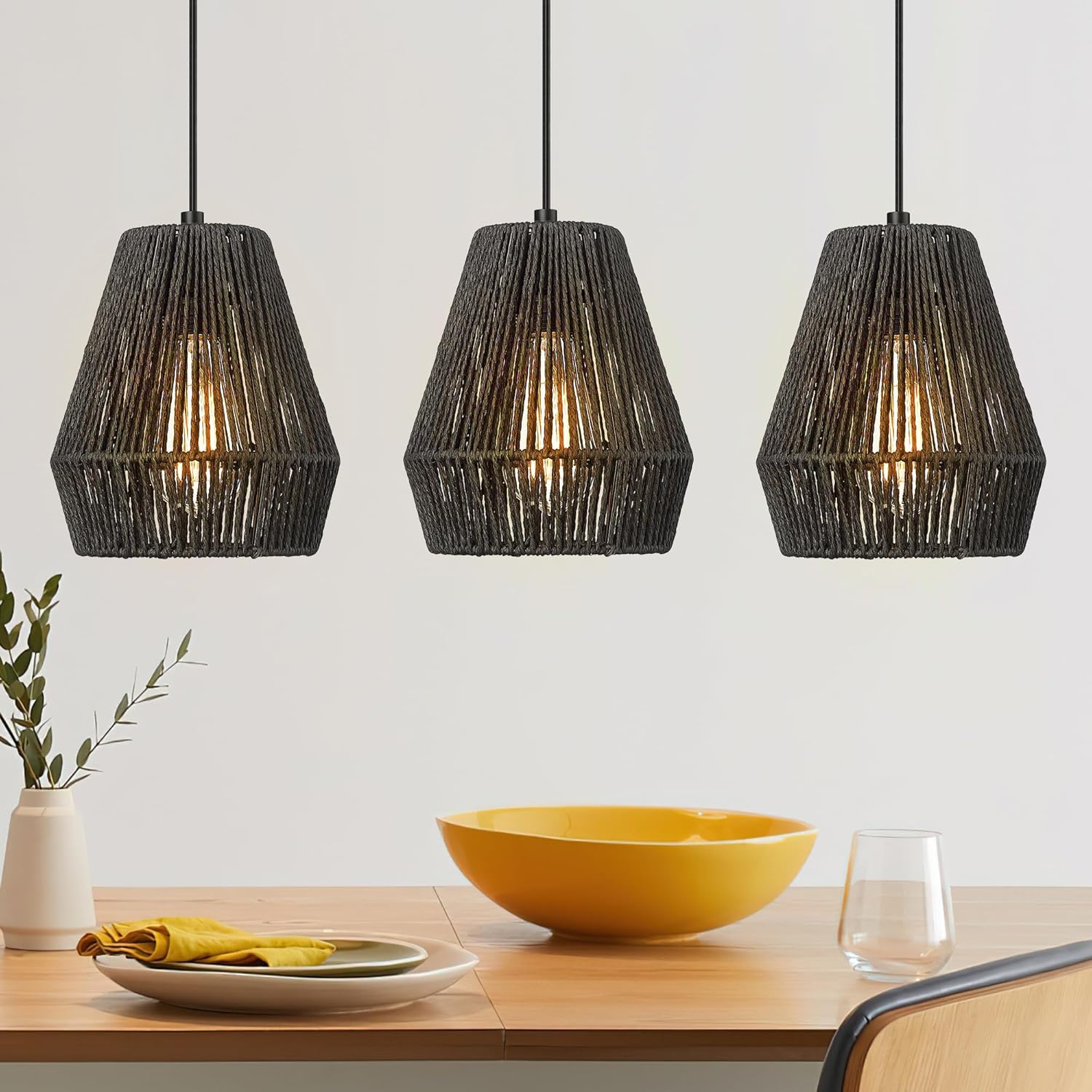 ELYONA Modern Woven Pendant Light Fixtures, 7" Farmhouse Coastal Hanging Lamp, Matte Black Handwoven Rattan Basket Shade, Boho Pendant Light for Kitchen Island Bar,Dining Room, Bedroom,Hallway 3 Pack