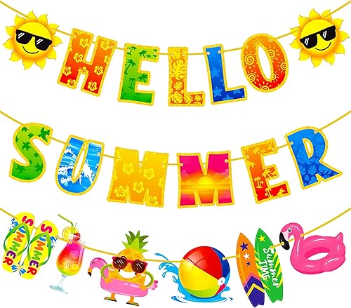 Pancartas de Hello Summer para fiestas de cumpleaños, decoraciones para fiestas en la piscina, carteles para letreros de sol, cumpleaños, playa,