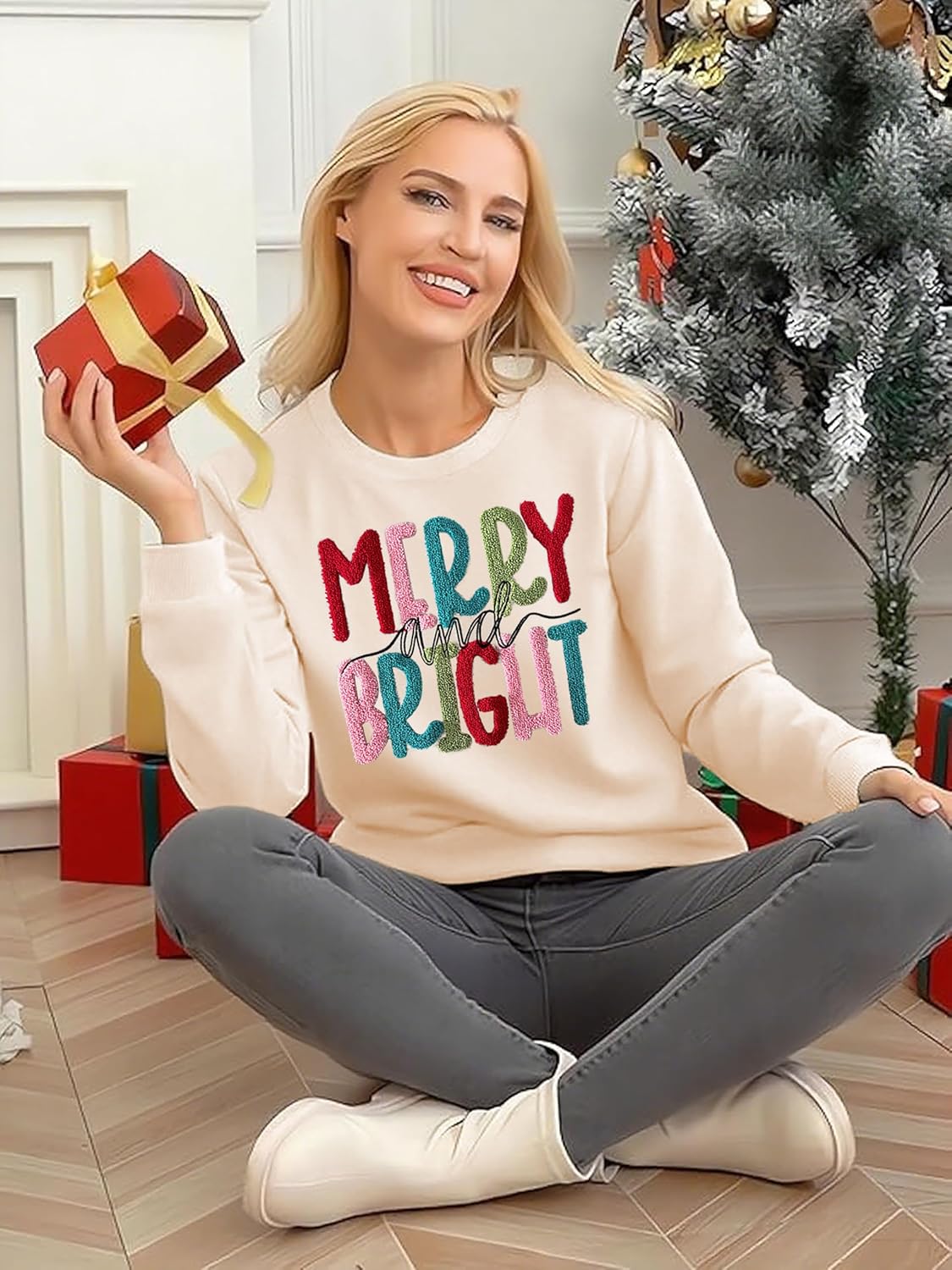 Christmas Sweatshirt Women Merry And Bright Christmas Pullover Shirt Novelty Chenille Patch Xmas Gift Holiday Top - Image 4