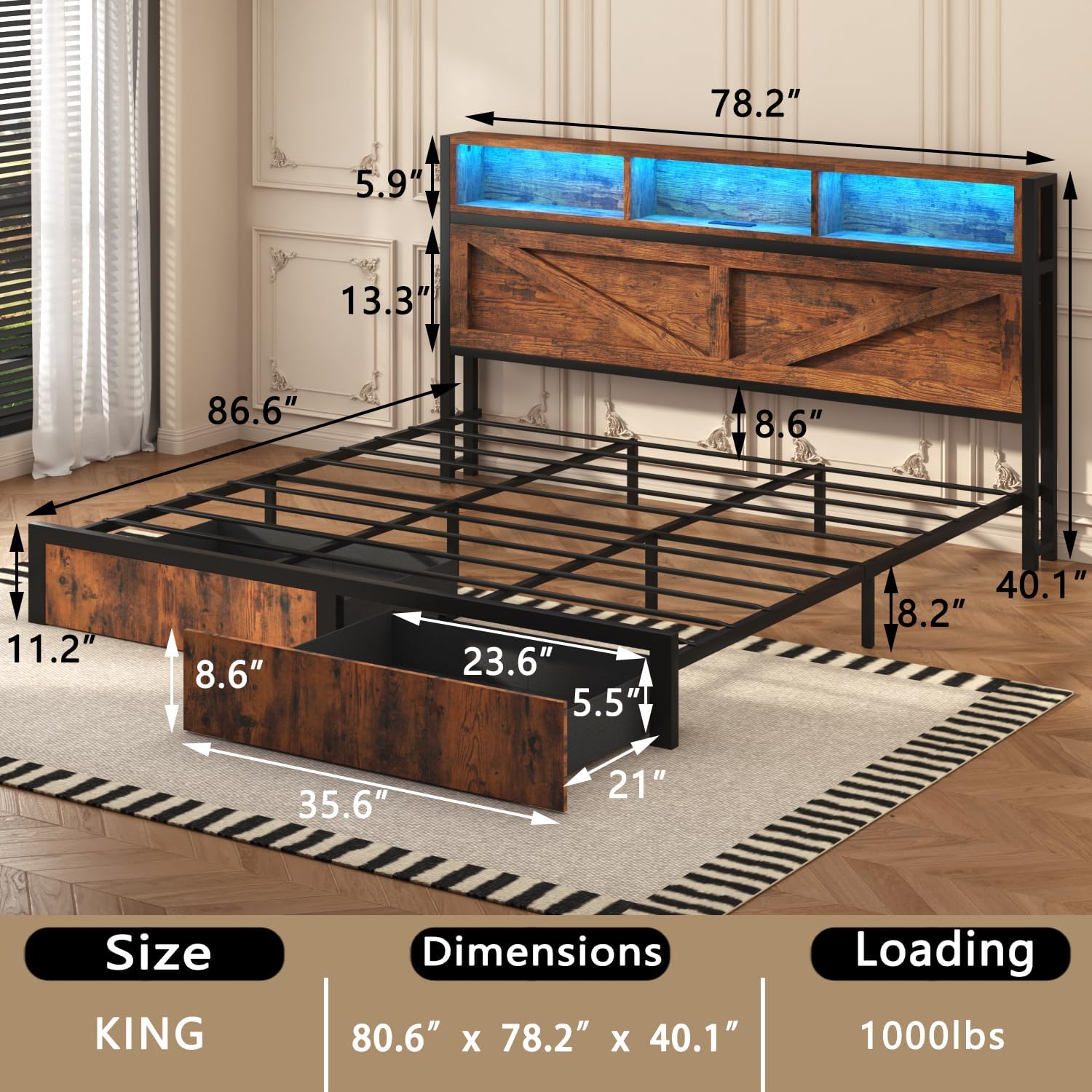 Incyneva Farmhouse King Bed Frame with Bookcase Storage Headboard, Charging Station, LED Light and 2 Storage Drawers, Noise Free, No Box Spring Needed, Brown