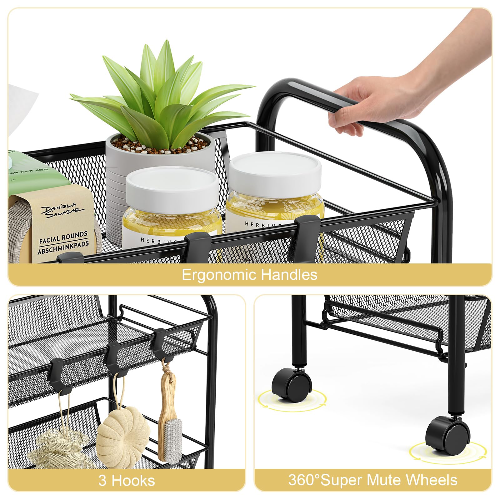 TOOLF Carrito rodante de metal de 3 niveles, alambre de malla fácil de montar, carrito de almacenamiento con ruedas con 3 ganchos, estantería de almacenamiento con ruedas para cocina, baño, lavandería