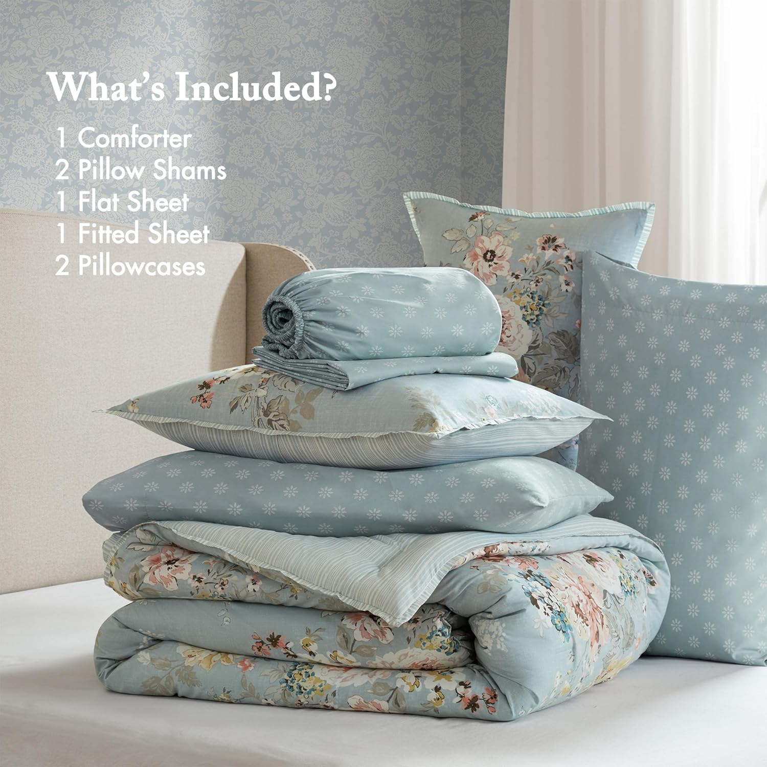 Madison Park Essentials Floral Comforter Set Queen Size, Vintage Flower Bedding Set with Sheet Set, 7 Pieces Bed in a Bag with Reversible Botanical Comforter, Pillowcases & Shams, Heather, Soft Blue