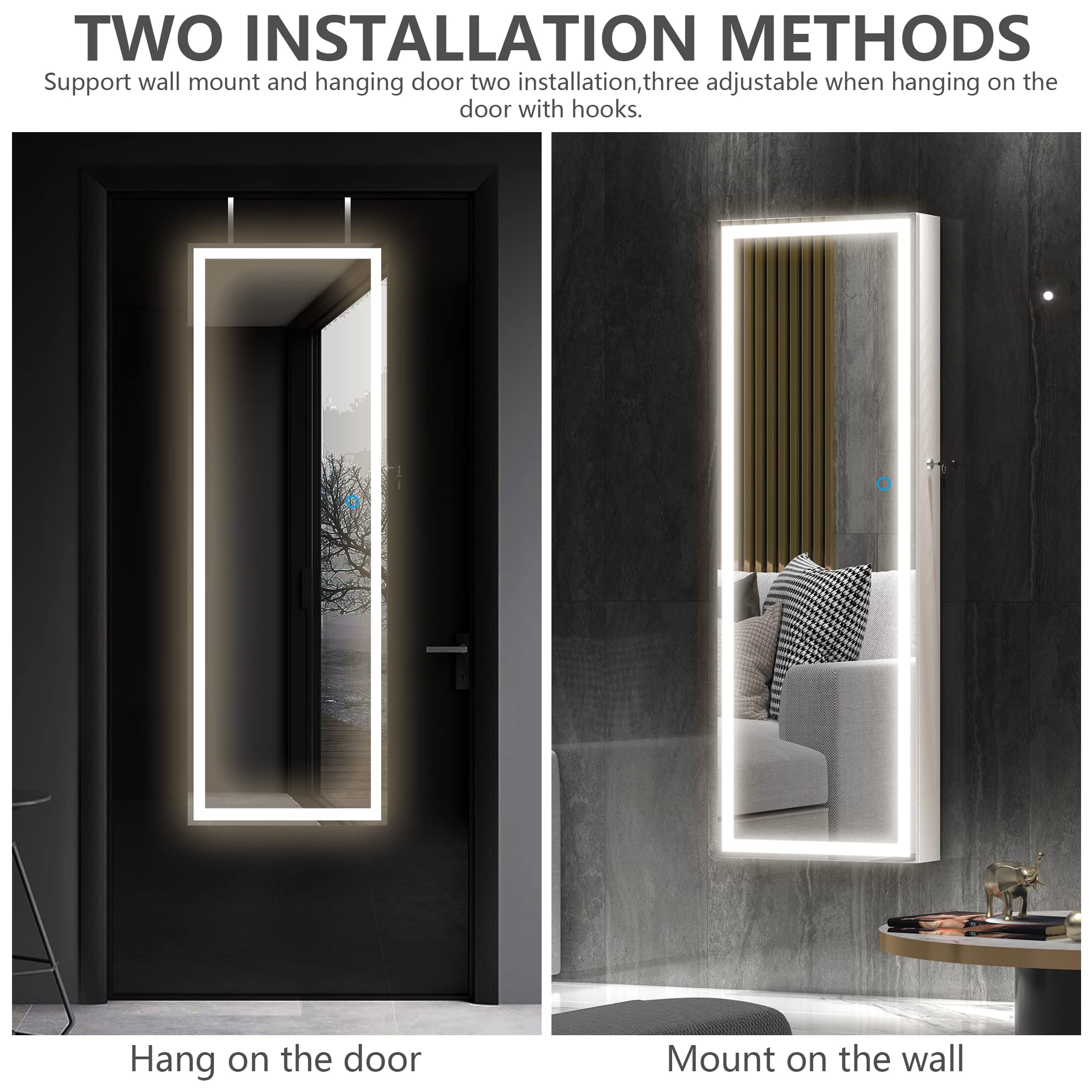 LVSOMT Lighted Mirror with Jewelry Storage, Jewelry Cabinet Organizer with Full-Length Mirror, Wall Mounted / Door Hanging LED Mirror, Dimming Lights & 3 Color Modes (White)