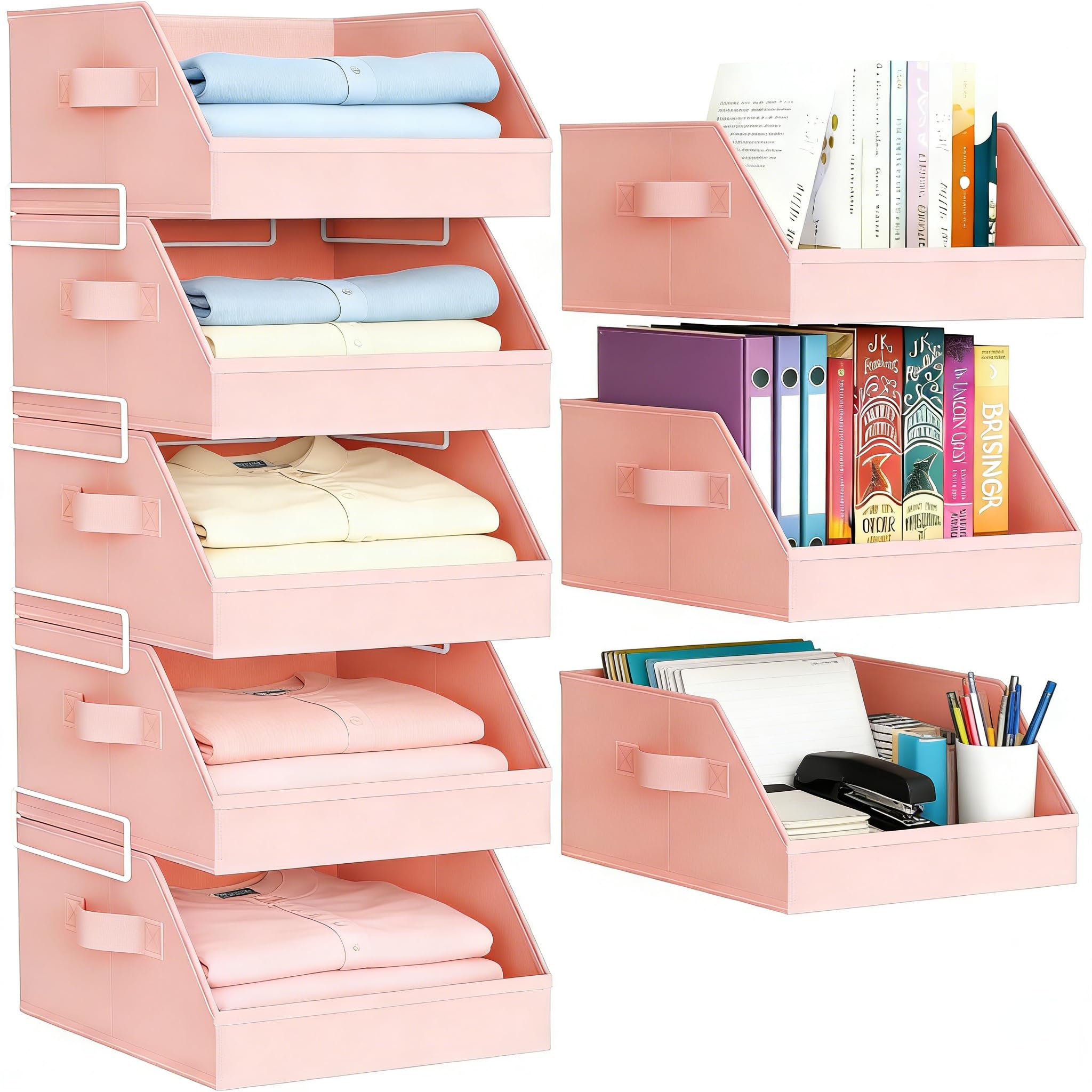 DIMJ Closet Organizers and Storage Drawers - 5 Tiers Stackable Fabric Bins with Weekly Labels, Collapsible Shelf Organiser with Metal Frame Home Baskets for Clothes, Bedroom, Office - Pink
