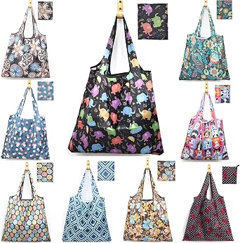 ATAMET 9 Pack Reusable Grocery Bags, Foldable Shopping Bags, Heavy Duty Nylon Bags, Waterproof Ripstop Fabric Tote Bags