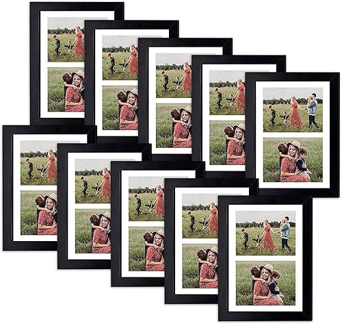 Golden State Art Juego de 10 portarretratos de madera negra de 85 x 11 pulgadas tapete blanco para fotos de 2 a 5 x 7 pulgadas vidrio real soporte