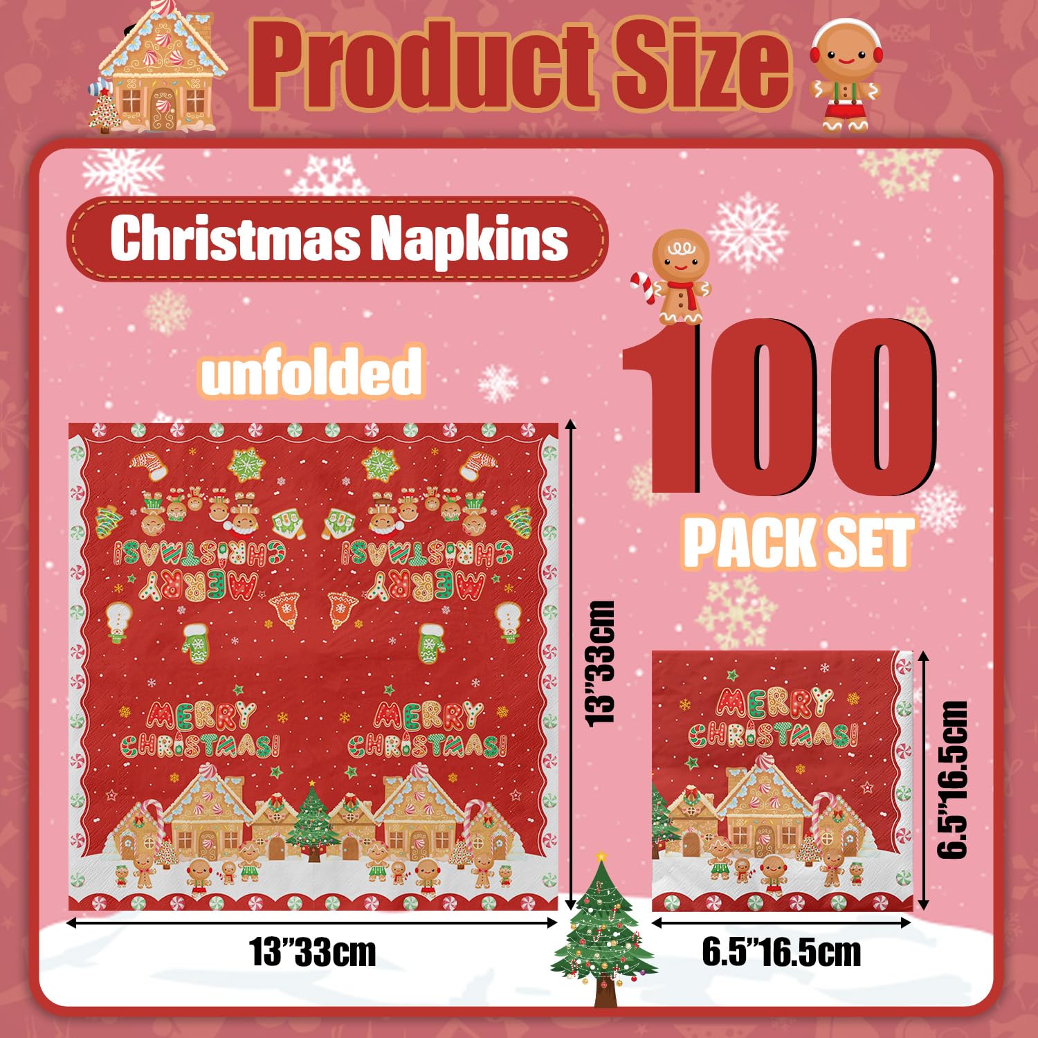 100 servilletas de Navidad de pan de jengibre, 13 x 13 pulgadas, copos de nieve, servilletas de papel para almuerzo, servilletas rojas de Papá Noel, para Año Nuevo, invierno, vacaciones, suministros