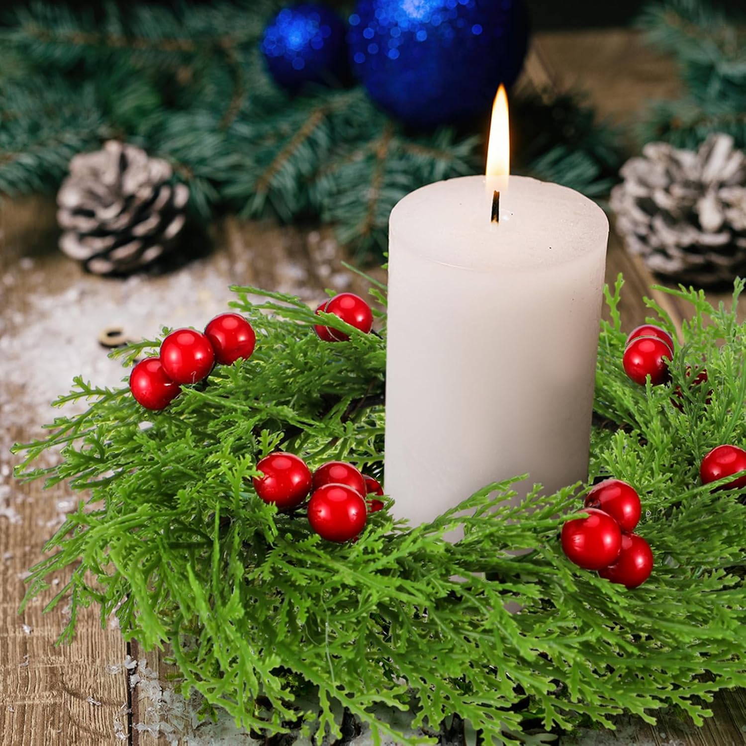 14 Pcs Small Christmas Wreaths with Red Berry 8.27" Artificial Cedar Candle Rings Holder Mini Wreaths for Cabinets Christmas Holiday Table Centerpiece Window Chair Decor