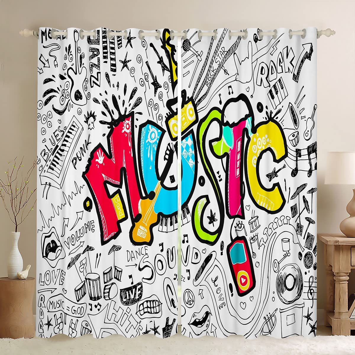 Hippie Graffiti Tende per camera da letto Soggiorno per bambini Ragazzi Ragazze Hip Hop Musica Oscuramento Tende a tema musicale Grunge Art Finestra Trattamenti W52* L90