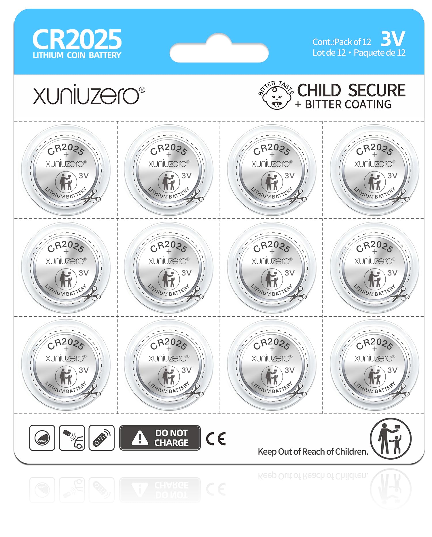 Confezione da 12 batterie a bottone al litio CR2025, 3 Volt, per la sicurezza dei bambini, compatibile con telecomandi, portachiavi, orologi, calcolatrici, 7 anni di durata