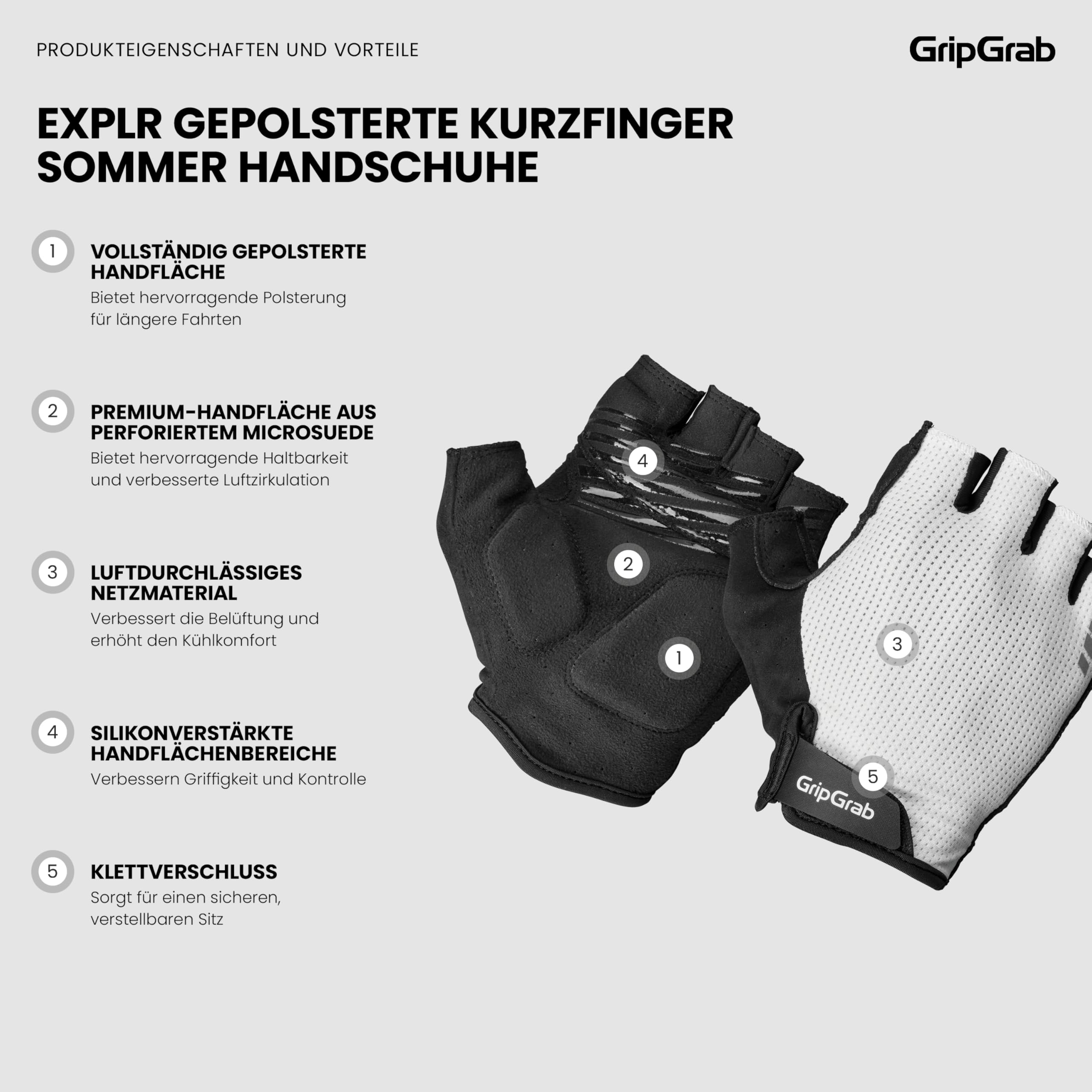 GripGrab EXPLR Kurzfinger Fahrrad Handschuhe Sommer MTB Rennrad Gravel | Gepolsterte Halbfingerhandschuhe mit InsideGrip Technologie, Schweißwischer am Daumen und Silikonprints für festen Halt