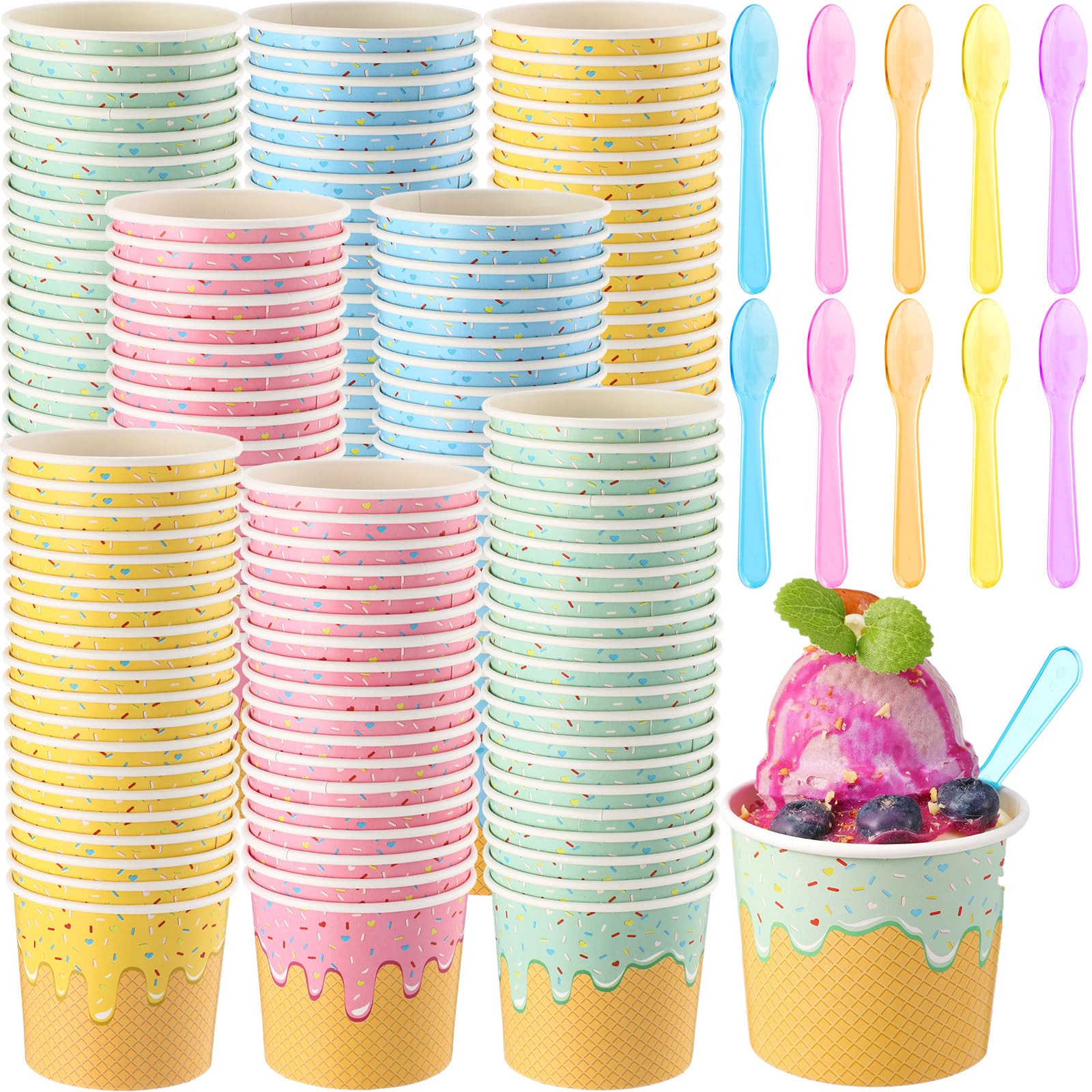 80 Pack 6 oz Ice Cream Cups with Spoons, Colorful Sundae Bowls | Ice Cream Bar Party Supplies, Disposable Paper Dessert Containers for Hot Soup Spring Summer Graduation