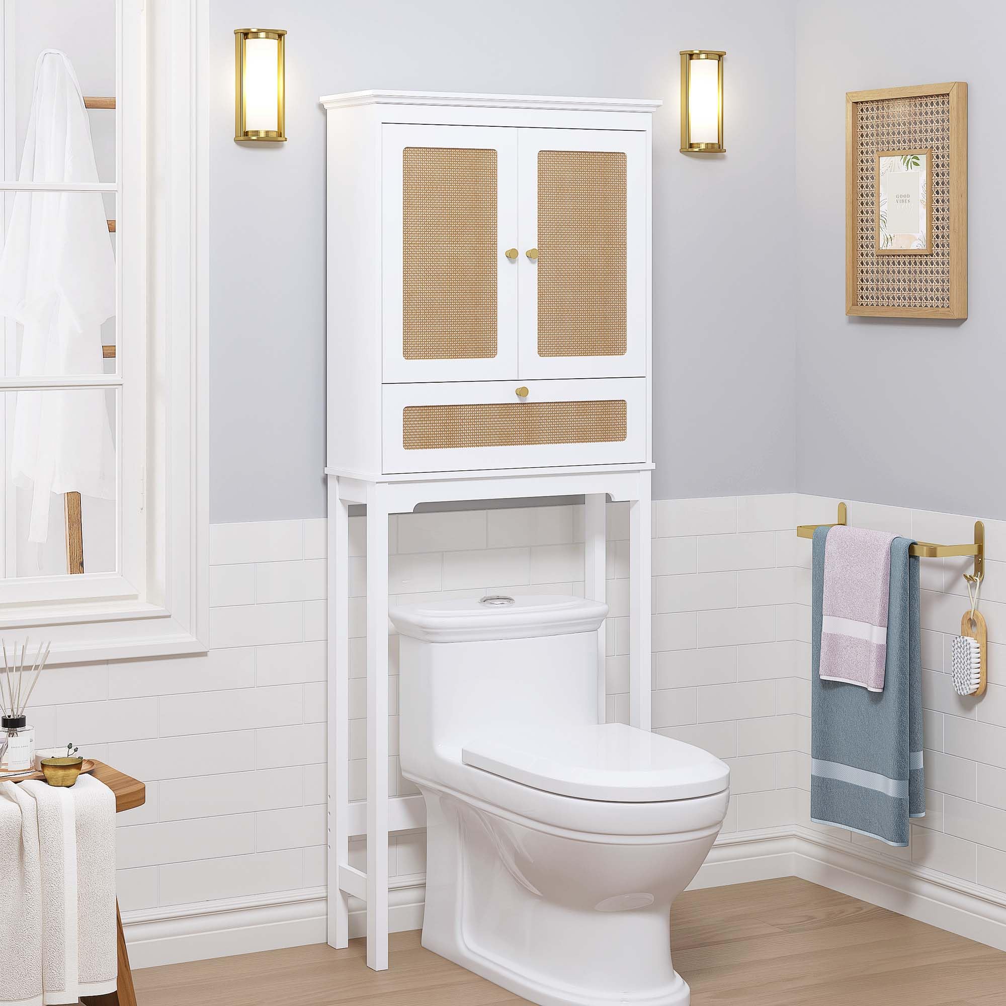 Spirich Over The Toilet Storage Cabinet with Rattan Doors, Over Toilet Bathroom Organizer with Tilt-Out Cube and Adjustable Shelf