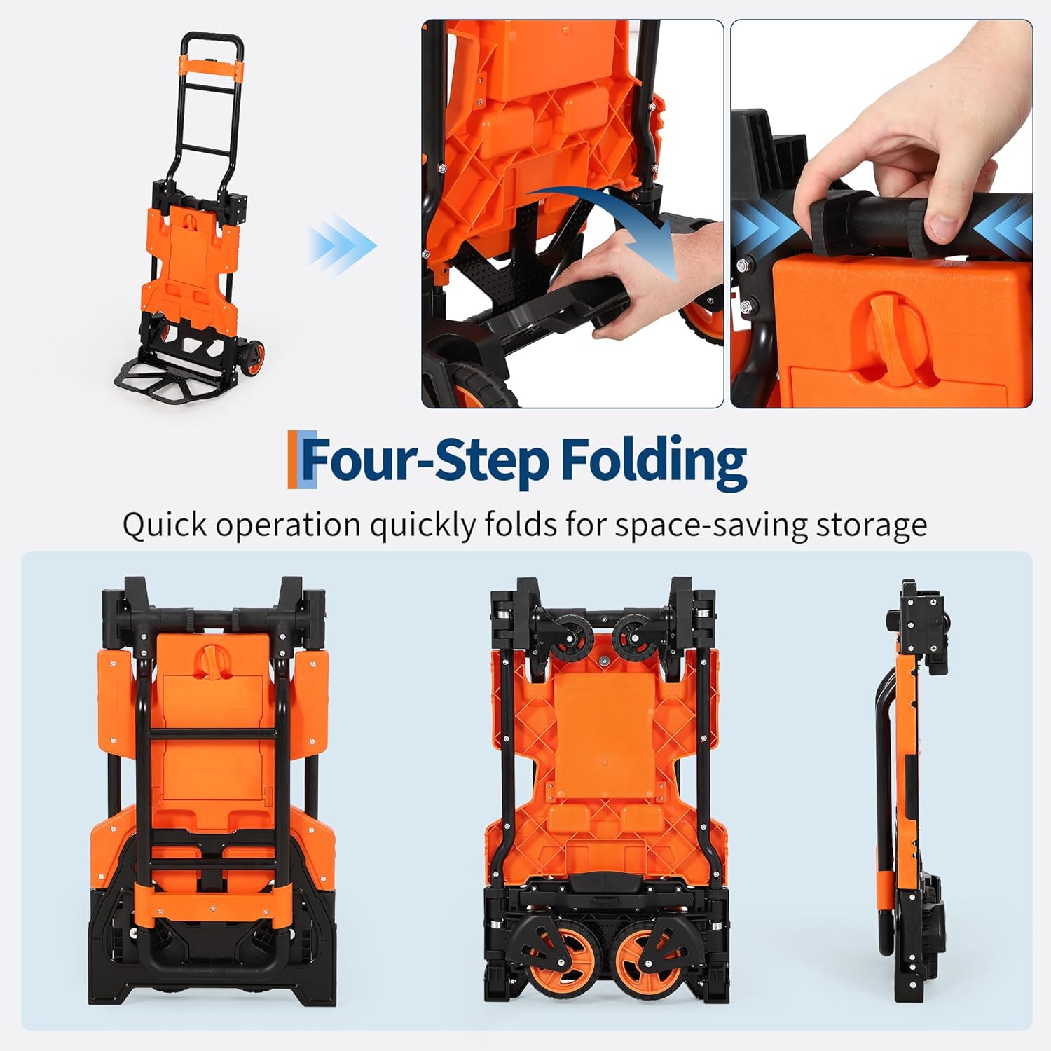 Heavy Duty Folding Hand Truck 330 LB Capacity – Portable Platform Dolly Cart with Collapsible Basket, Retractable Handle, Bungee Rope & Rubber Wheels – Ideal for Moving, Luggage, Office – Orange