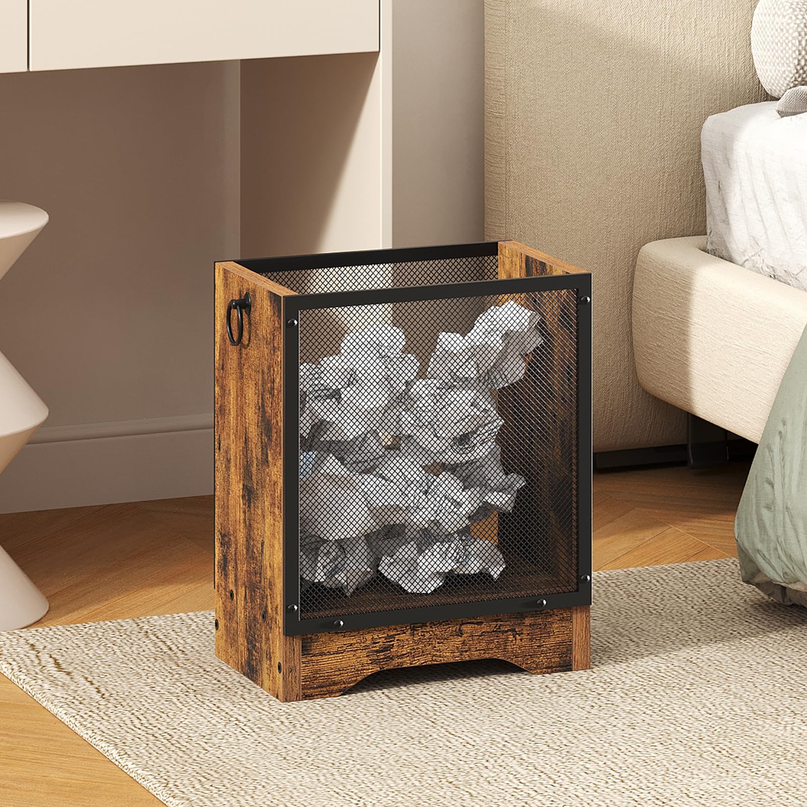 HOOBRO Papelera Vintage de Malla Metálica y Estructura de Madera, Cubo de Basura Rectangular Retro, Asas Laterales y Base Elevada, para Oficina, Sala y Dormitorio, Marrón Vintage y Negro EBF06LJ01G1