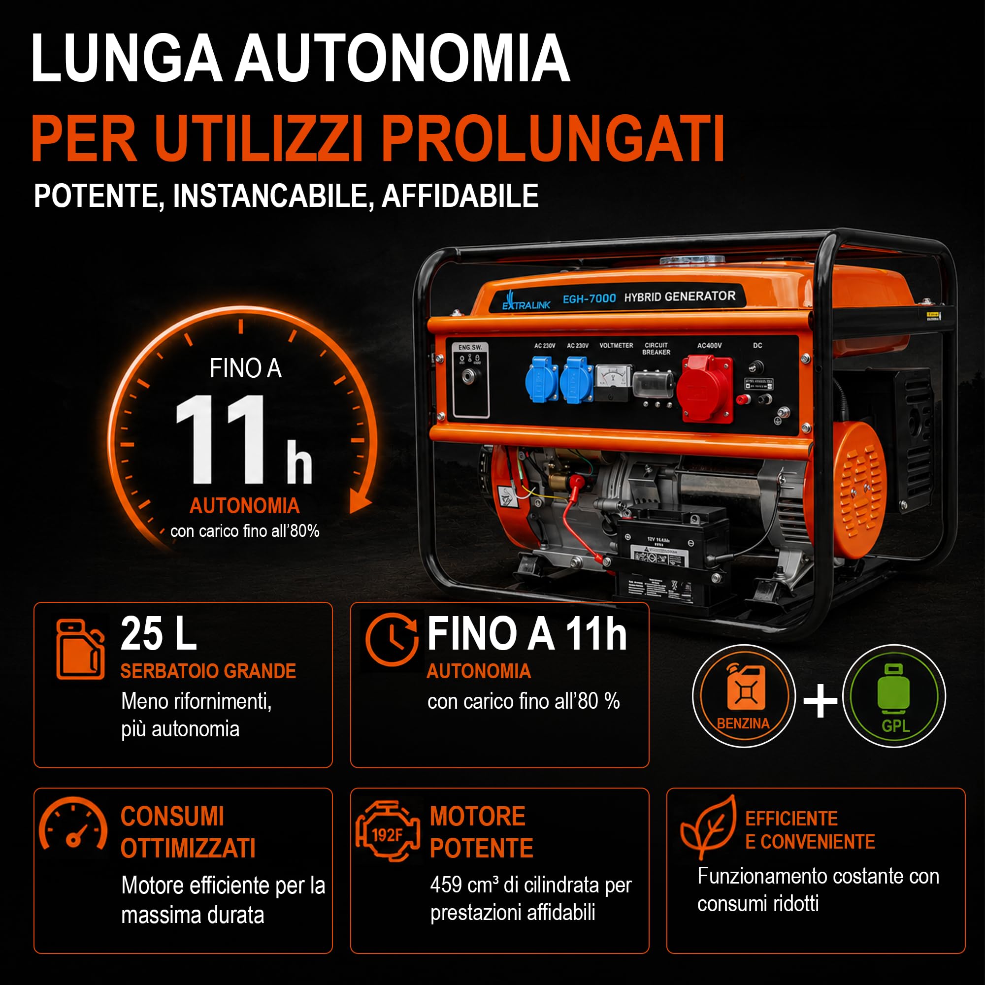 EXTRALINK EGH-7000 Generatore di corrente ibrido GPL CNG benzina 7 kW 3F 7000 W Capacità serbatoio 25 l Sistema di protezione da sovraccarico Easy-Start 2 x AC 230 V