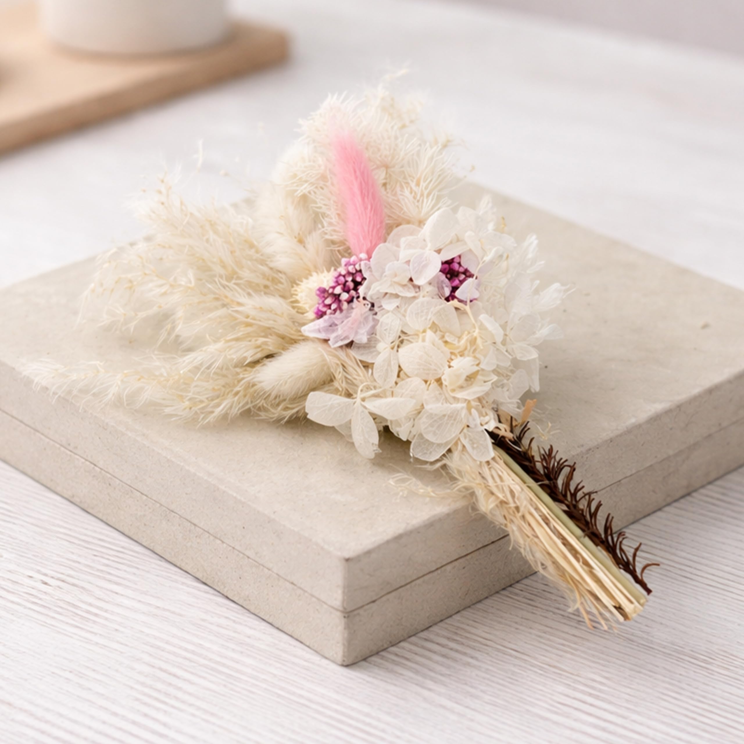Natural Dried Flower Bouquet – Real Dry Flowers for Home Décor, Pampas & Hydrangea Arrangement for Vase, Table Styling, Wedding & Event Decoration, (White & Pink), 8 Inch-image-44