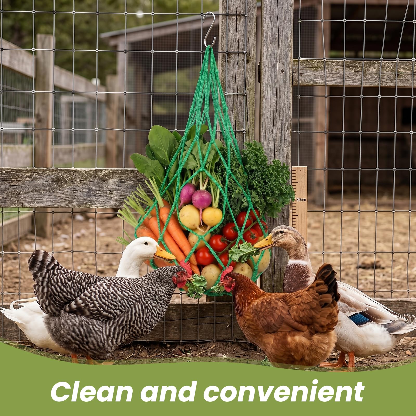 Red de Alimentación para Pollos Colgante - Pack de 4 Bolsas de Malla de Nailon Reutilizables con 4 Ganchos en S - Dispensador de Frutas y Verduras para Gallinas, Patos, Gansos y Más