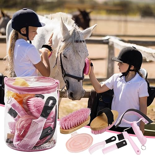Miniatura 6 de Kit de aseo de caballos de 9 piezas con bolsa organizadora, curry de masaje ovalado, cepillo duro y suave, púa de pezuñas, raspador de sudor,