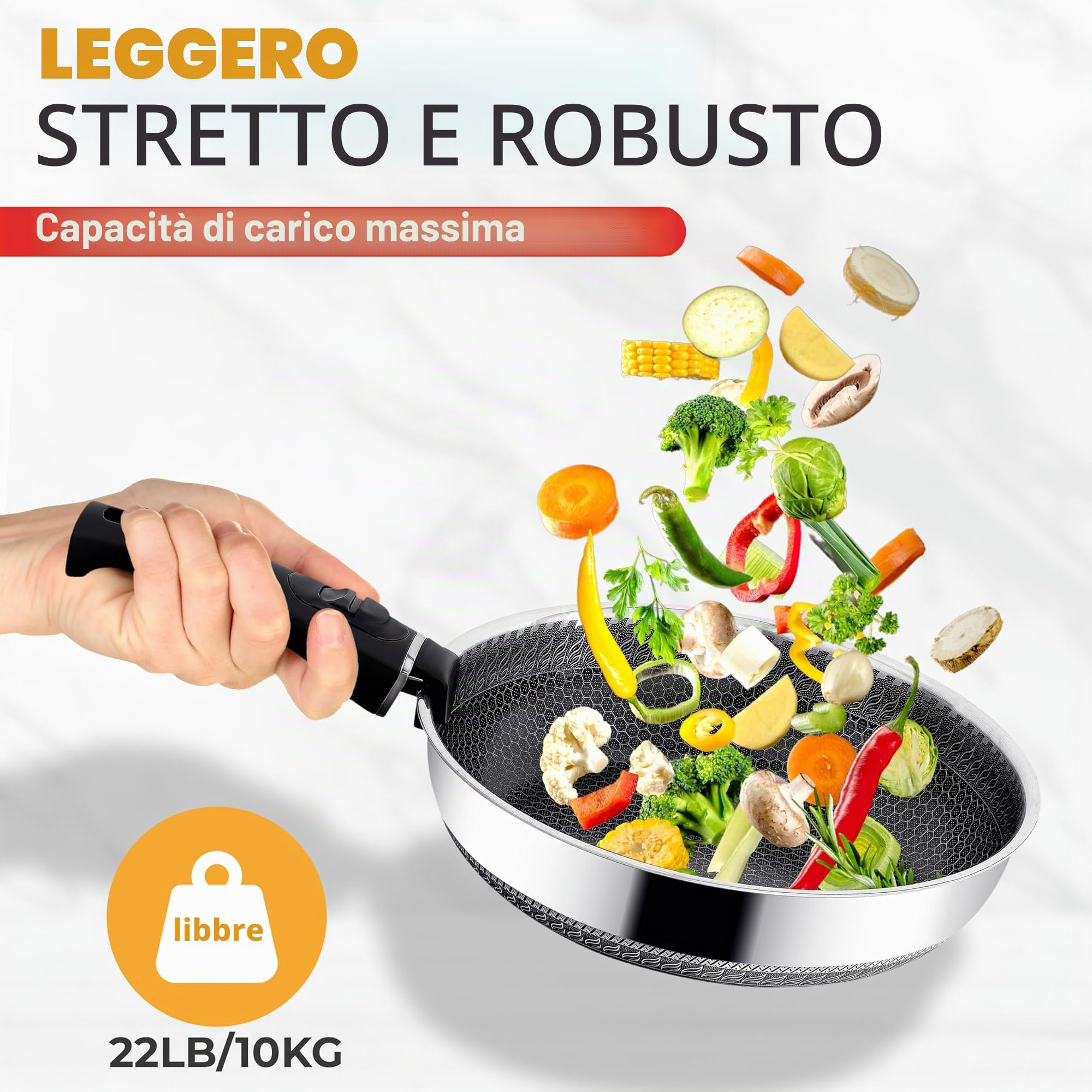 Set di pentole con manico intelligente rimovibile, 8 pezzi, set di pentole da campeggio impilabili, pentole e padelle salvaspazio, set da cucina in acciaio inossidabile, padella profonda 28 cm 4,5 l