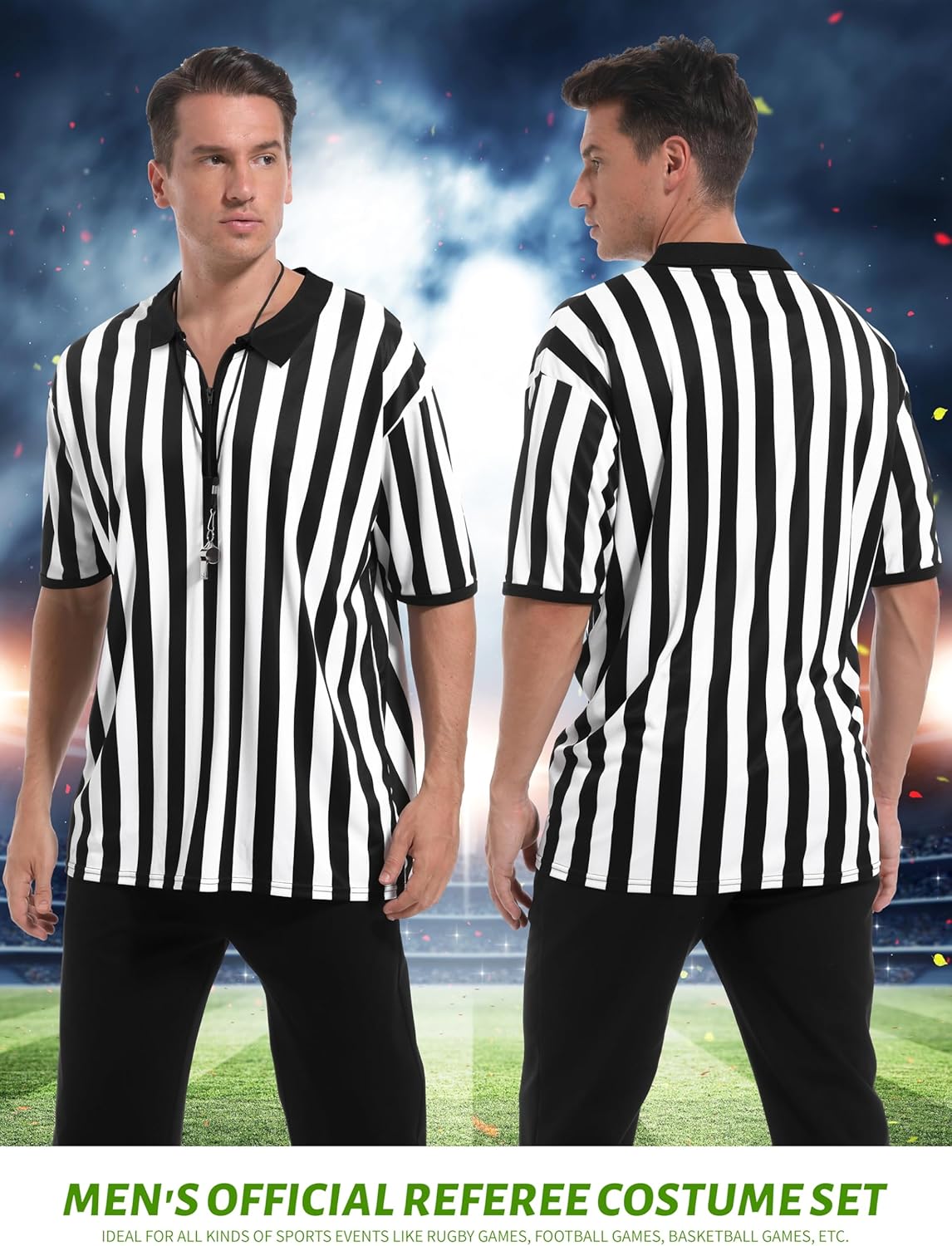 3 Pcs Referee Shirt, Referee Costume Men Women Zipper Collar Black and White Striped Ref Shirt for Football Soccer Sports - Image 5
