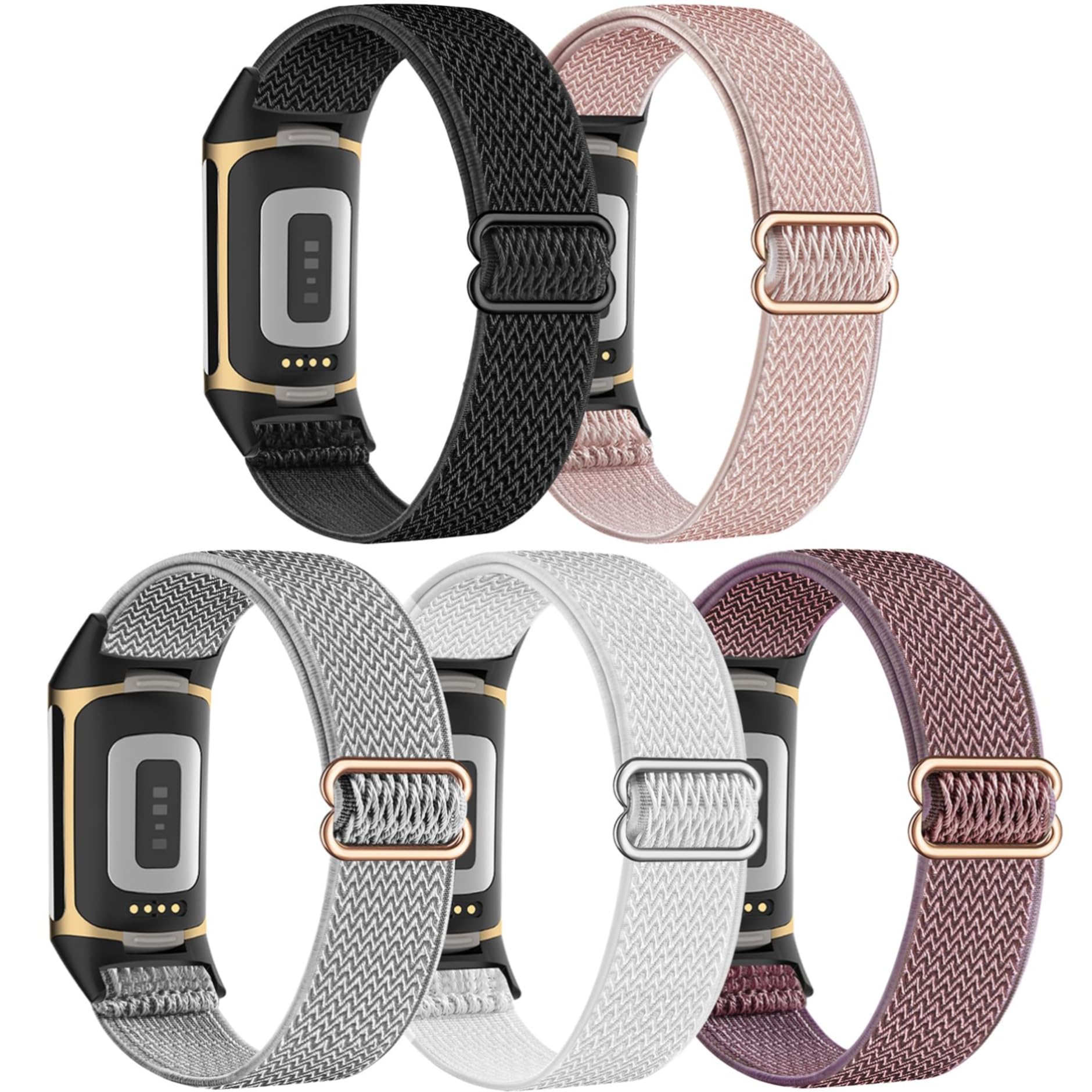 EverAct 5 Pack Elastic Straps - Compatible with Fitbit Charge 6 & 5, Adjustable Nylon Loop Braided Replacement Sport Wristband for Charge 6 Activity Tracker - Women & Men