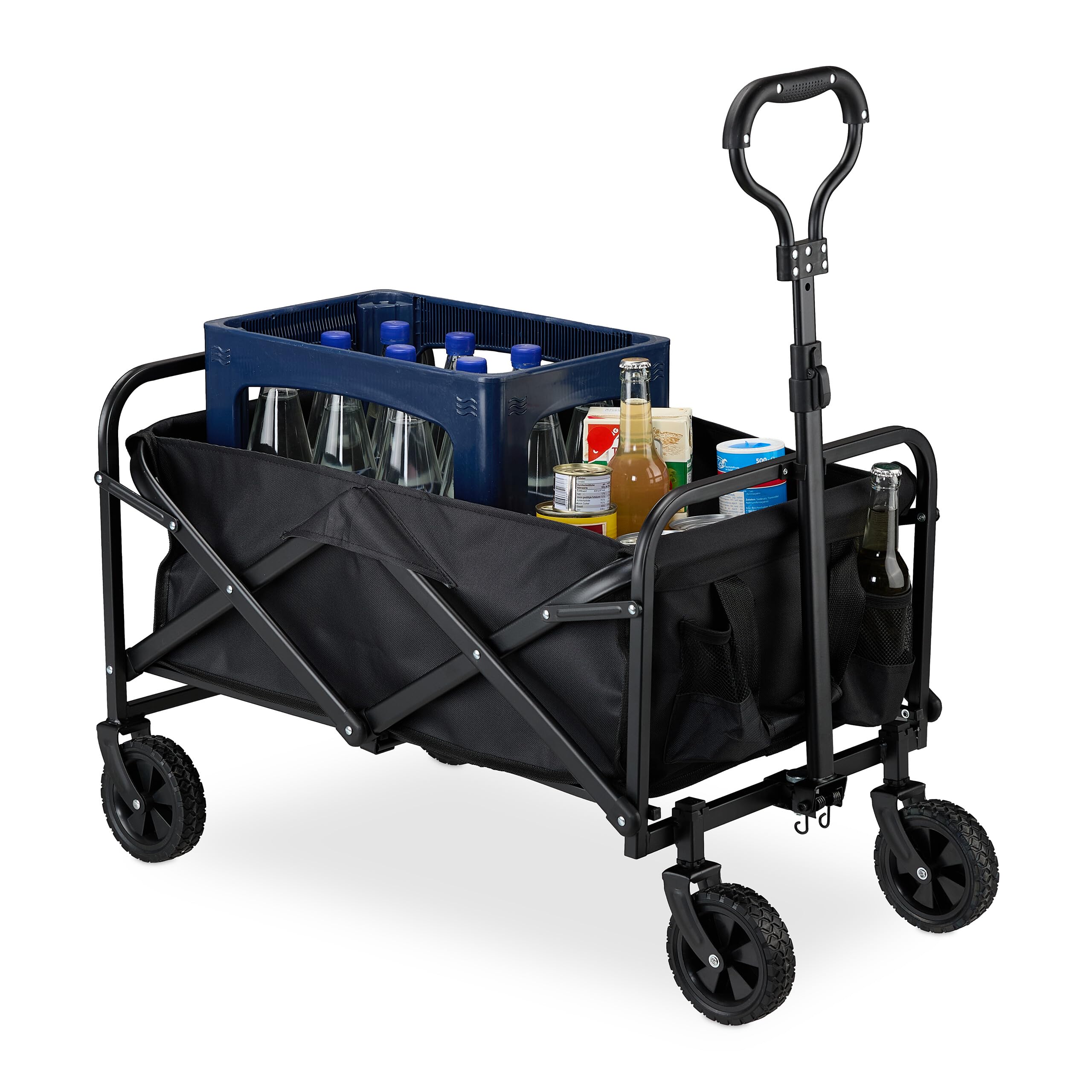 Relaxdays Carretilla Jardín, Plegable, 100 kg, Mango Telescópico, Ruedas Goma, Carro para Comprar, Camping, Playa, Negro