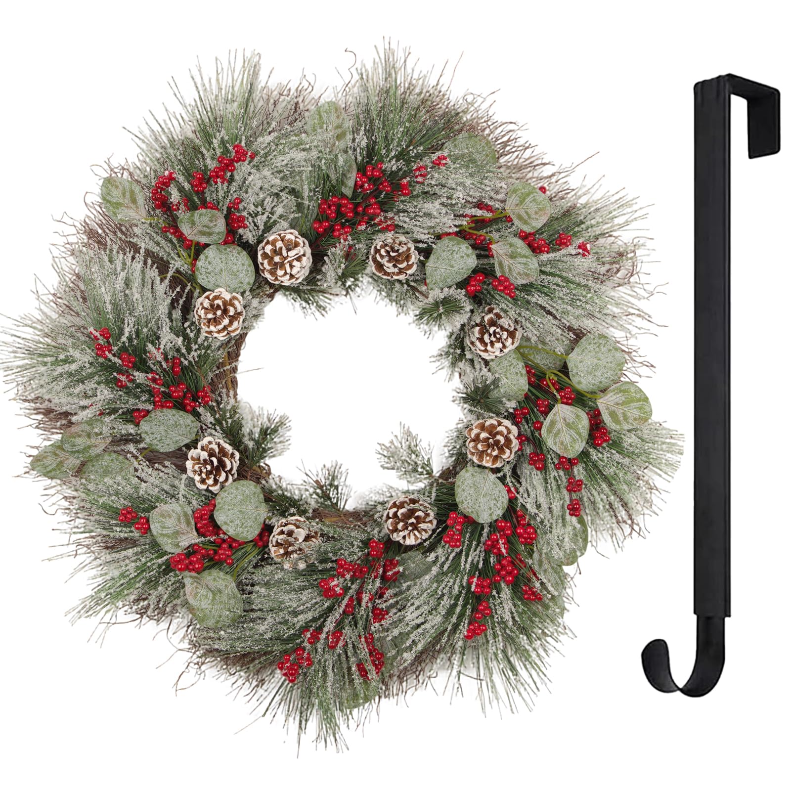 Corona de Navidad preiluminada hecha a mano de 26 pulgadas, agujas de pino esmerilado realistas y piñas, eucalipto, colgador ajustable para puerta delantera, decoración de vacaciones al aire