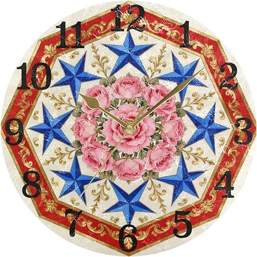 Miniatura 5 de KLL Retro Pink Rose Blue Stars 10 Inch Round Kids Room Wall Clock Non Ticking Decorative for Farmhouse Dining Room Bedroom reloj de pared para cocina
