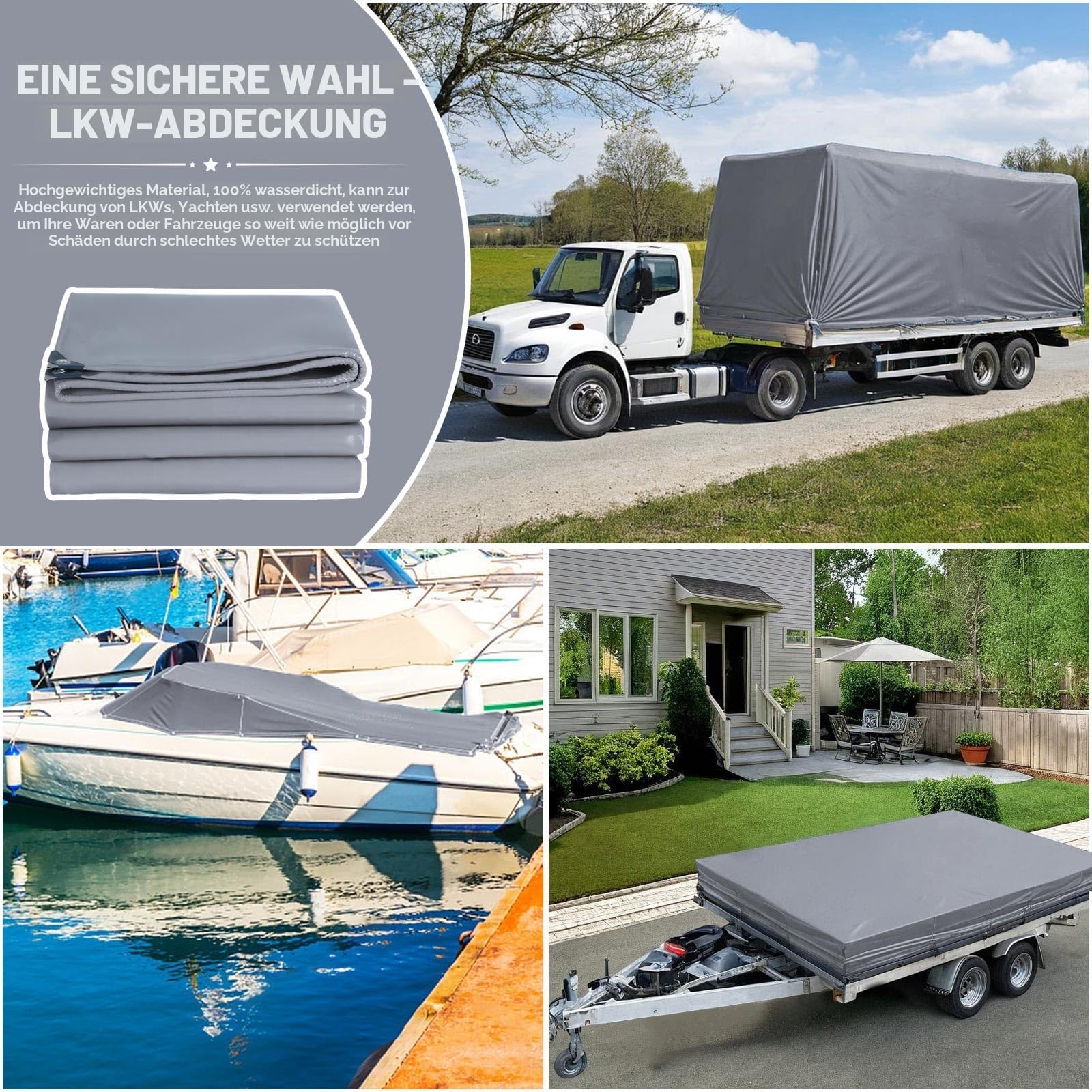 Jianyana Abdeckplane, PVC 440 g/m² LKW Plane mit ösen Plane Wasserdicht mit ösen Mit 10m Seil, Grau (2 x 3 m)