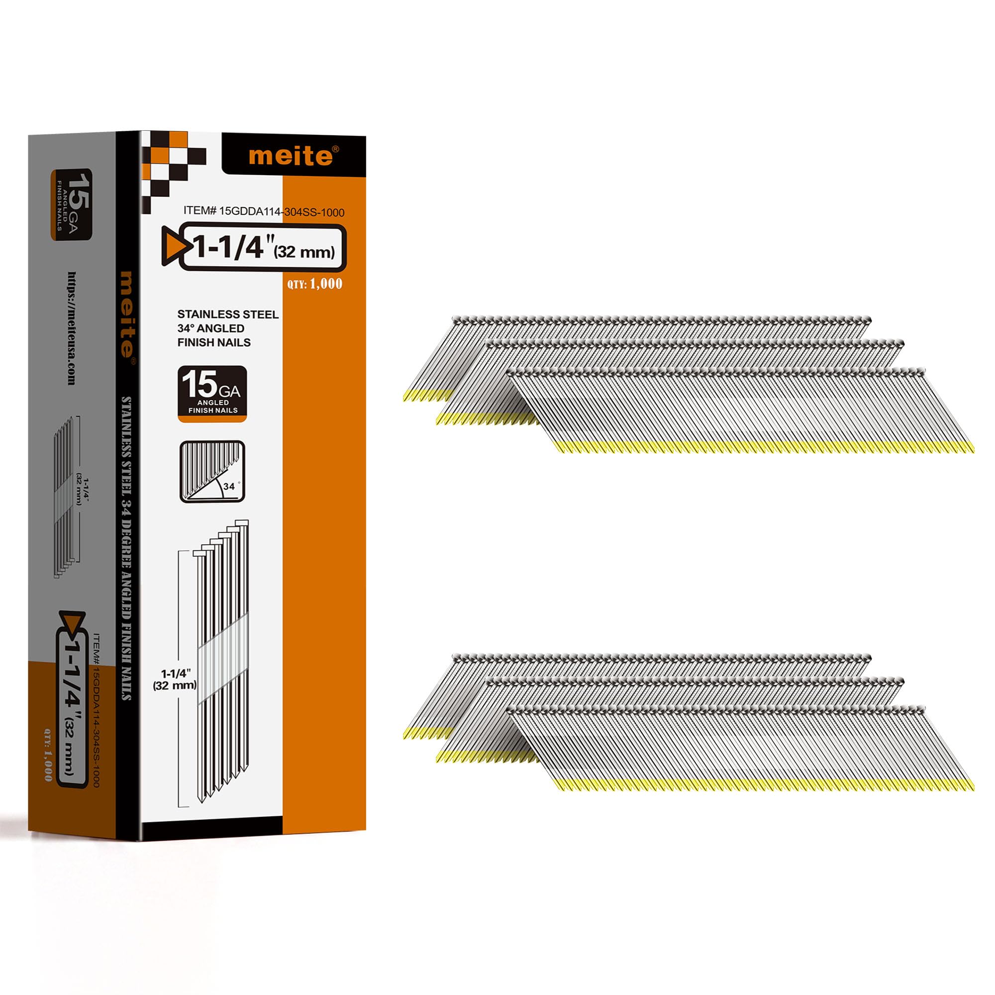 meite 15 Gauge Angled Finish Nails 32 mm, Stainless Steel DA 34° 1,000PCS