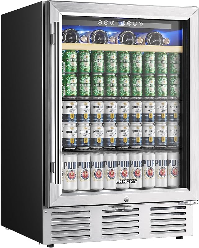 EUHOMY 24 Inch Wine and Beverage Refrigerator, Under Counter Refrigerator | 37°F to 65°F, 112 Cans & 8 Bottles, Built-in or Freestanding, Digital Temperature Control, Compressor Cooling, Glass Door