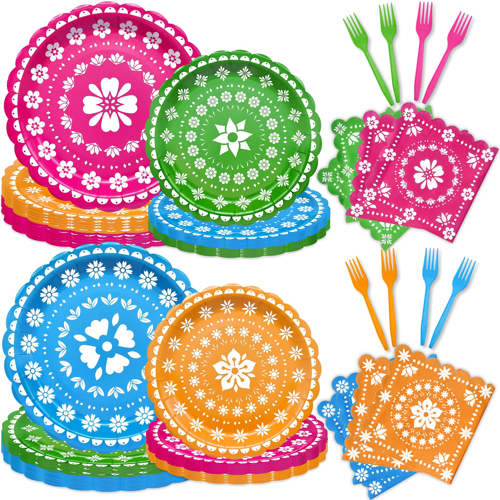 96 Pieces Mexican Fiesta Tableware Set Party Supplies – Colorful Papel Picado Disposable…