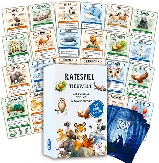 Tierquiz für Kinder, Ratespiel Tierwelt mit 50 Spielkarten, Wissensspiel für 2–6 Spieler, Familienspiel zum Tiere Raten und gemeinsamen Lernen