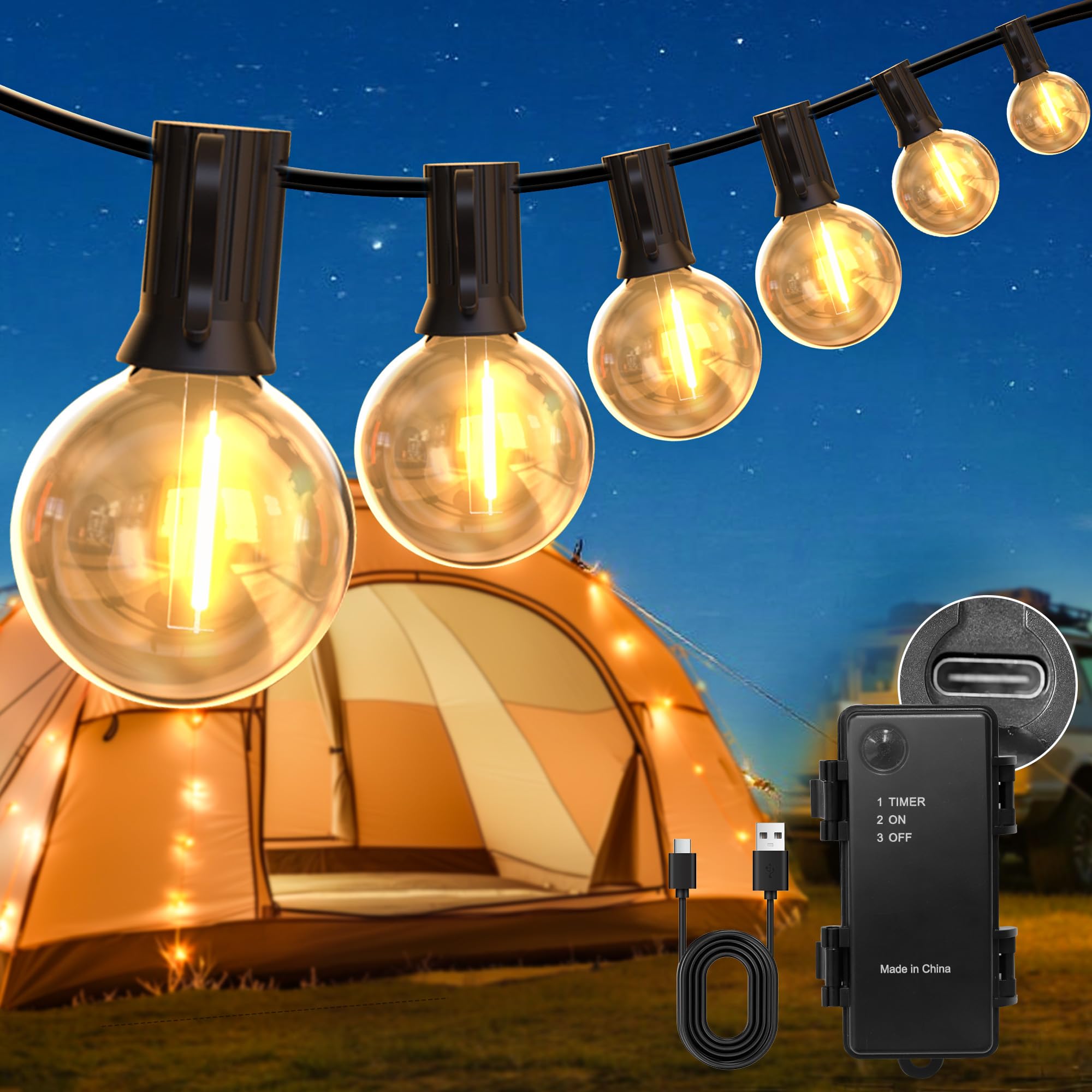 DSLebeen Battery Powered Outdoor Lights: Rechargeable Battery Festoon Light with Timer, Waterproof 60FT 18M G40 LED Decorative Garden String Lighting Hanging for Camping, Gazebo, Patio
