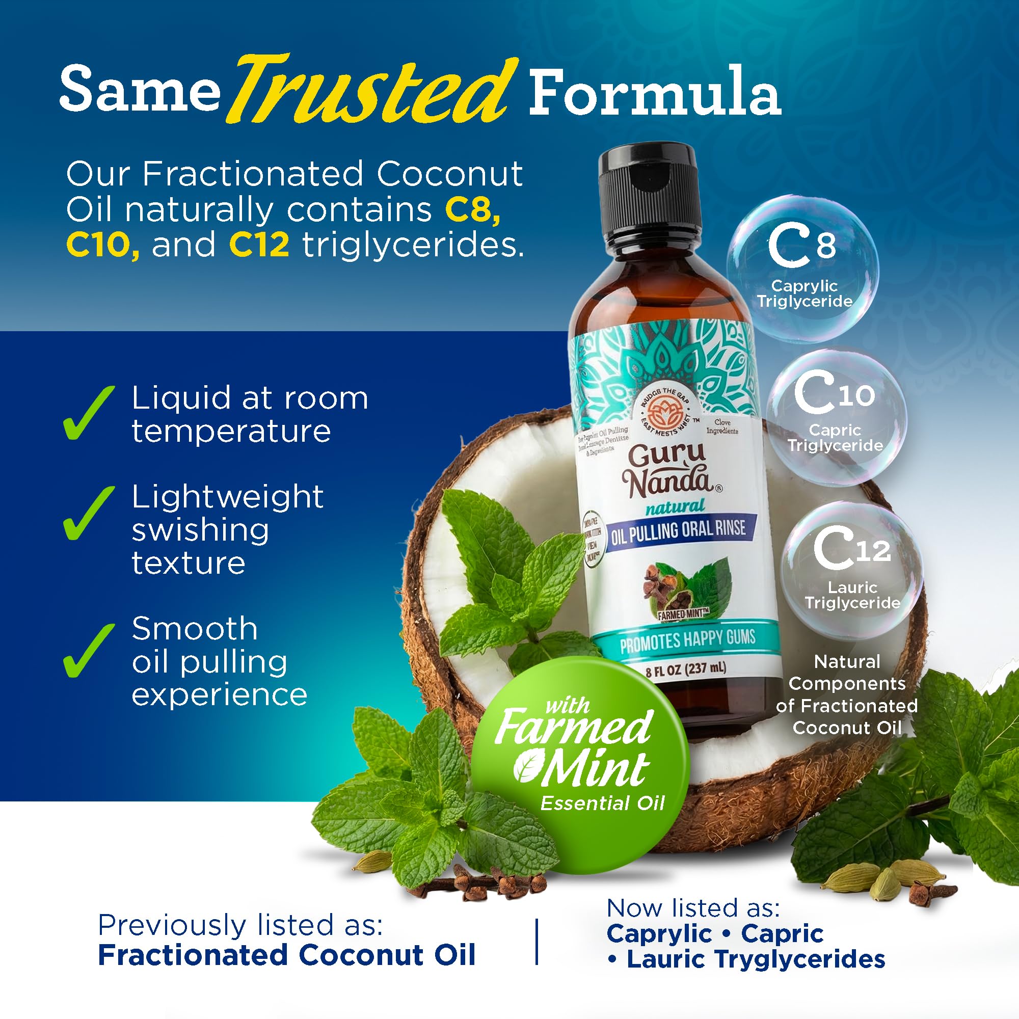GuruNanda CocoMint Oil Pulling Mouthwash for Complete Oral Hygiene, 7 Essential Oils & Vitamins for Happy Teeth & Gums & Fresh Breath , Alcohol-Free, 8 oz: 8 Fl Oz (Pack of 1) 1 Pack