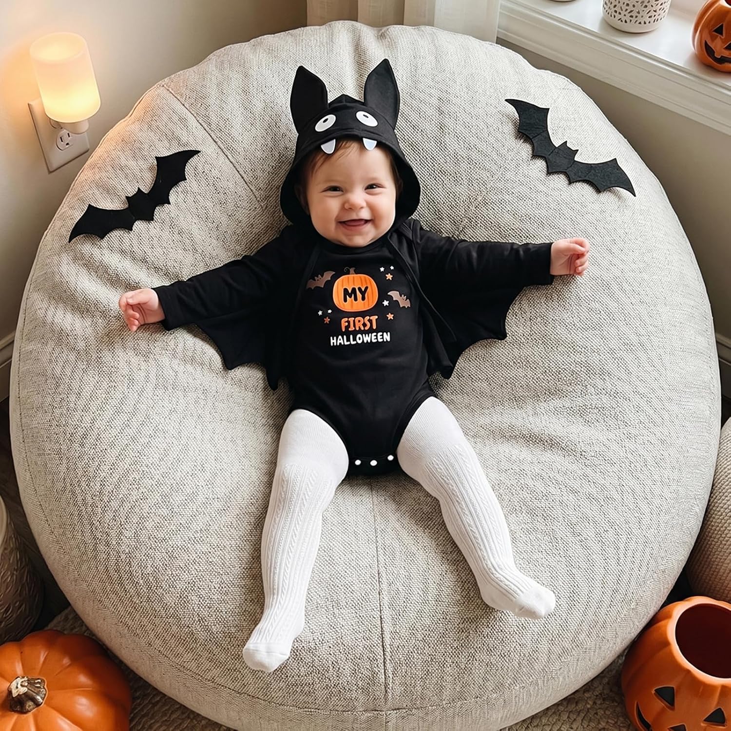 My First Halloween Outfit Baby Boy Girl Bat Costume Romper with Wing Sleeves Infant Halloween Onesie Hat Set