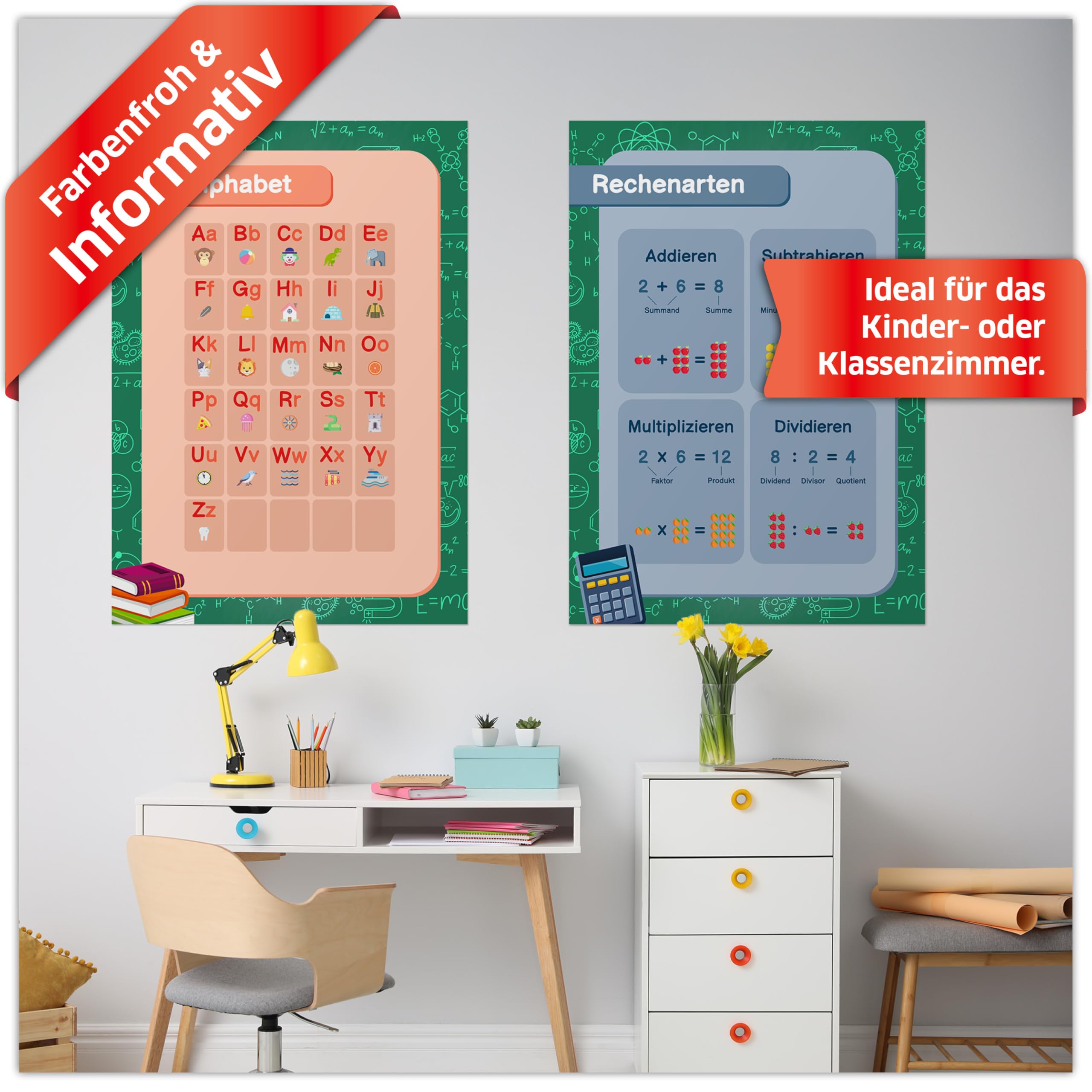 Primus Print Lot de 10 posters éducatifs, format A2, alphabet, chiffres, planètes, horaires, etc. Matériel d'apprentissage pédagogique pour chambre d'enfant et salle de classe (3 x 10 pièces/lot)